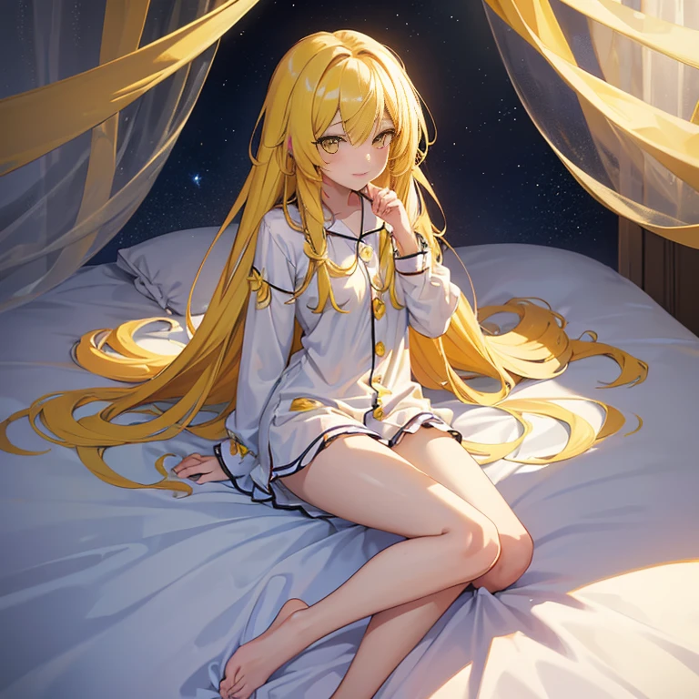 Anime girl s lie down on a luxurious mattress , front facing,his boyfriend, Surreal -yeld beiful girl, Anime 16 Year Ol Girl, Seductive Anime Girl, Smooth Anime CG Art, low angles, Smiling, ((Girl with yellow hair, Girl with long hair, emerald yellow eyes, Wear pajamas white color)), Blushing, Open legs, ((I will dominate you darling!)), ((small breast)), small curvy loli, [ 4 k digital art ]!!, ((with tsundere face)) 4k image,