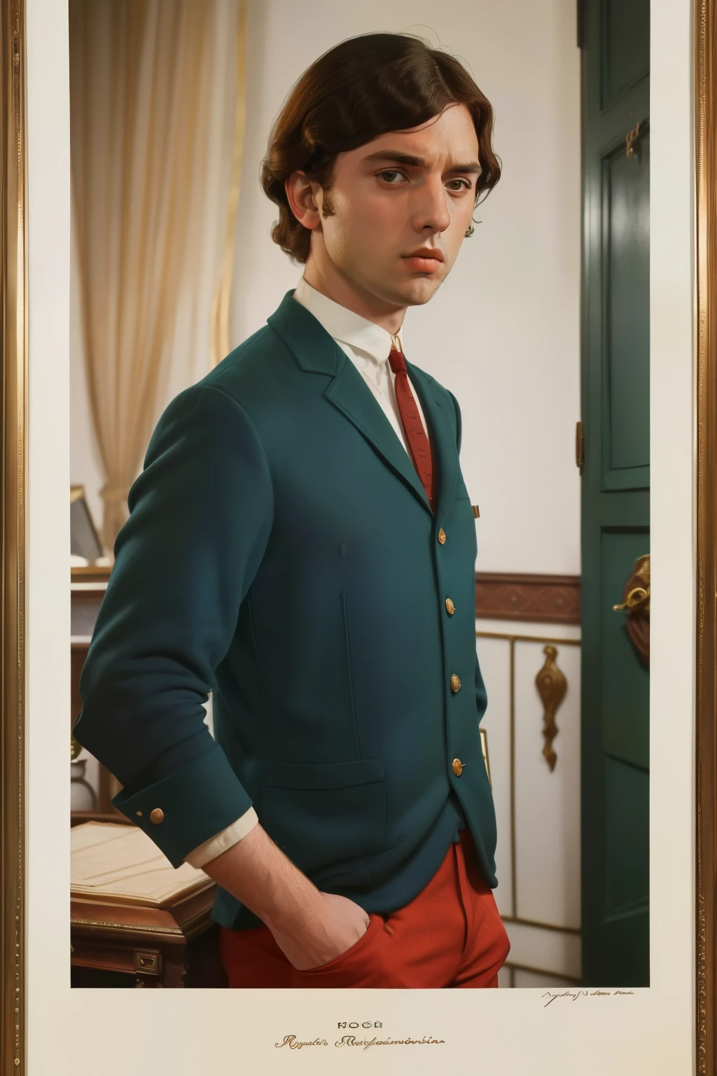 1965, Italy. Pre-raphaelite ((((20-year-old)) rascal young man)), famous actor, comedian, TV set, modern, ((unhappy)), ((((Clothing from the 1960s)))), ((Hairstyle of the 1960s)), ((Wes Anderson cinematic style)), colorful