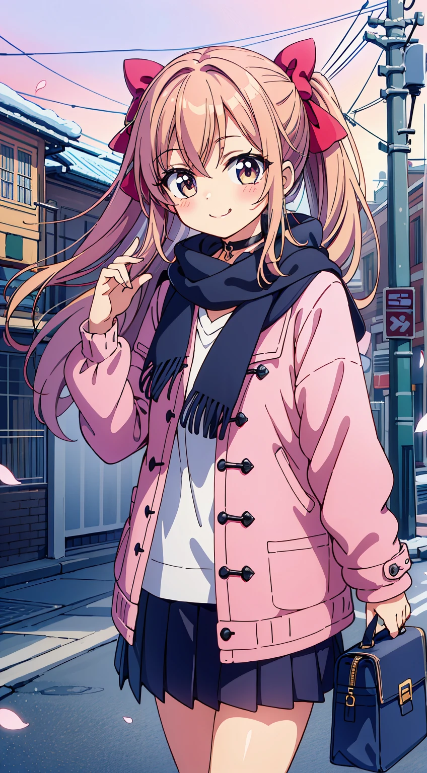 (Absurd realistic structure details),(High resolution complex and detailed text quality),(High-resolution microstructure、High Poly 3D Rendering Correction),Methods of geometry,Careful explanatory anatomy, 

BREAK,



1girl in, (Cute:1.5),(Chibi:0.5),(kawaii:2.0),(Lori:2.0),(7 year old girl),(Solo:1.65),BREAK, (flat chest:1.2,), Clear skin, Beautiful skin, Shy, One Beautiful Girl,(Hair Bow, reddish brown hair, Twin-tailed:1.2), (Brown eyes, long eyelashes, Double eyelids: 1.2), Shiny skin, gleaming skin,Clear skin, Beautiful skin,( A smile:1.5), Solo,gleaming skin, Clear skin, Beautiful skin(best quality face),(Top quality glowing eyes),  BREAK (Pink Theme:1.4), (Vivid colors:1.3), ( Winter clothes,Long sleeves) (Skirt, Black skirt, Pleated skirt ), Miniskirt, (  coat ),School bag,Handbag,Shoulder bag,Effect of giving shine to hair, Soft smile, (Closed eyes:0.7), White coat,Looking at Viewer, Sparkle effect, random colored petals, Many petals, Fluttering petals, prismatic effects,

BREAK,(day), Standing,a closed mouth,(architecture, building, Choker, city, Cityscape, Outdoors, building, city,lamp post, Power lines, scarf, skyporn, Snow, Solo, utility pole, Winters:1.55), Waterfall,depth of fields,

 BREAK,wakame,wakame,wakame,(Cowboy Shot:1.4), 

BREAK,(Blurry background:1.3),(absurderes, hight resolution, Super Detail Art),cel shading,Clear Color, Lonely optical effect, Beautiful pictures, Bright glow, mystic atmosphere,(Close-up of girl:1.1), Mystical light particle effect,manga influence, clean line drawings,