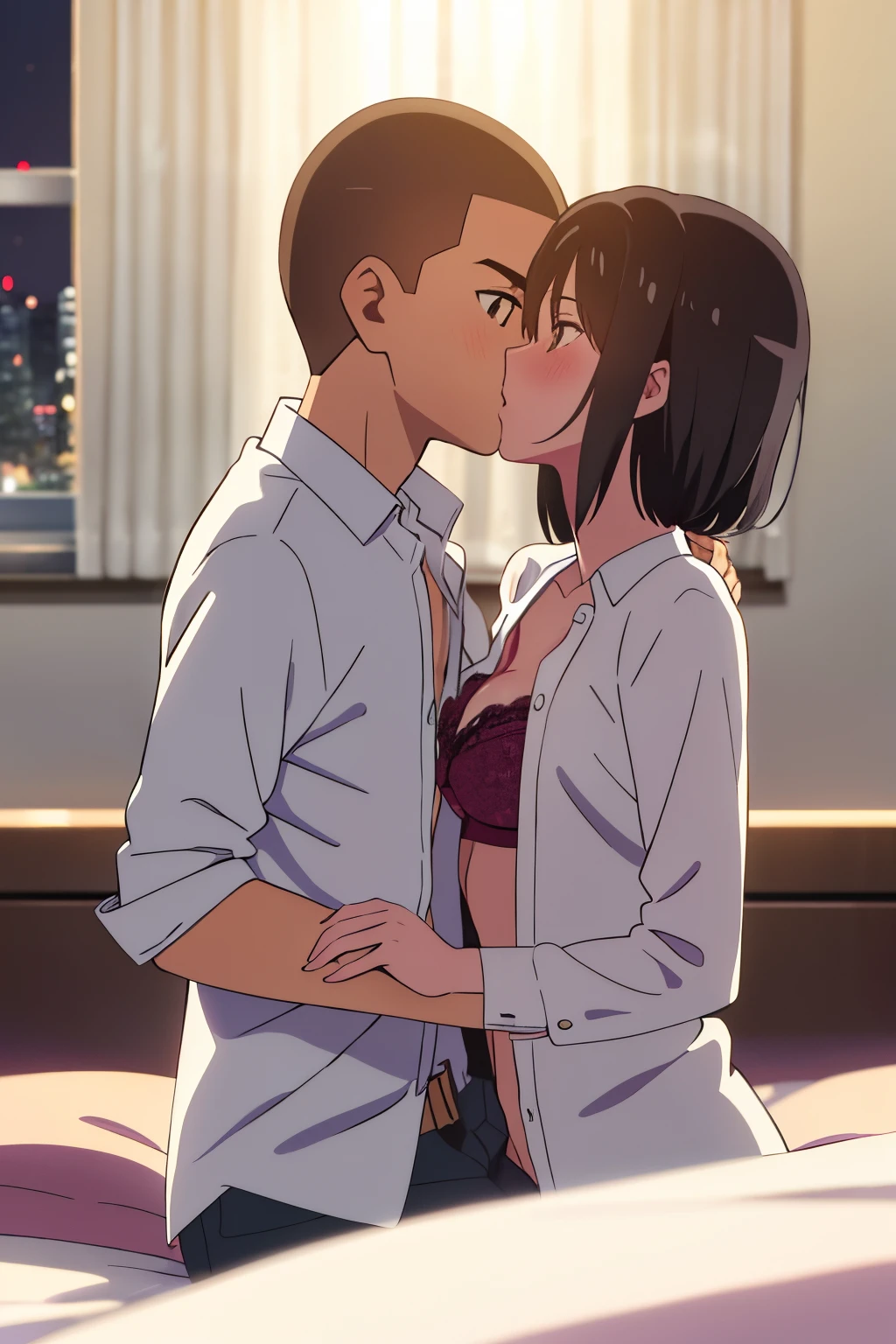 shinkai makoto, kimi no na wa.,1boy, buzzcut,nude, boy is front of girl, passionate hug, face press on the chest, sniffing chest, kiss chest, 1girl, bangs, black hair, blush, brown eyes, looking at the viewer, indoors, short hair, open mouth, white long sleeve shirt, unbuttoned shirt, open shirt, white bra, medium breast, night, bedroom, sit on bed