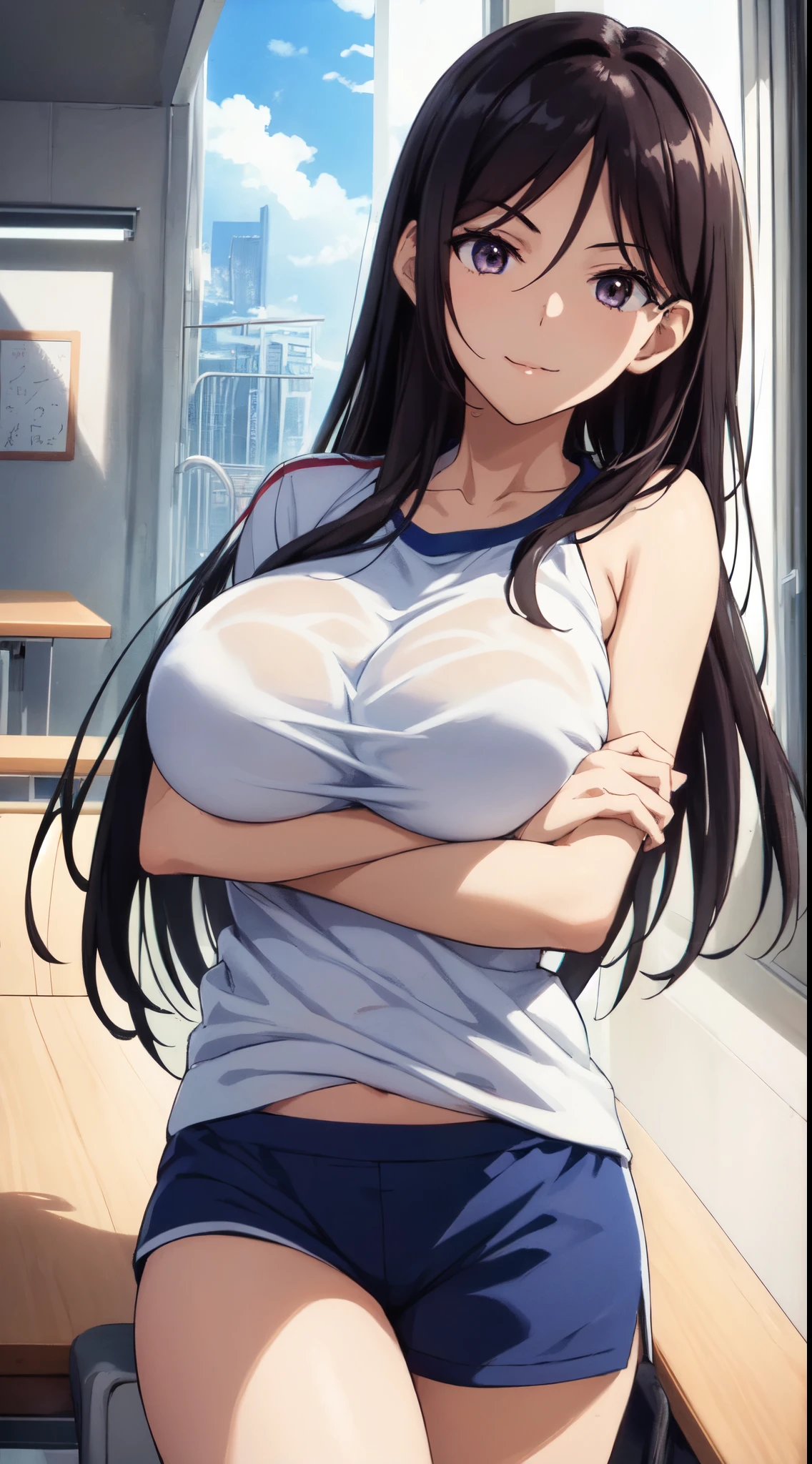 (​masterpiece:1.5),anime character click sound,very precise details,Ultra High Resolution,the Extremely Detailed CG Unity 8K Wallpapers,(Realistic,Photorealsitic,hyper realisitic:1.5),(Curve,Model,glamor:1.5),Beautiful breasts,Farbe_aberration,beautiful detailed shadow,Beautiful eyes,Beautiful body,Beautiful skin,beautifull hands,(Aesthetic Anime Eyes:1.4),Blue shorts,Seductive thighs,(A dark-haired,Long straight hair:1.4),Attractive anime girl with big breasts, A seductive anime girl, Attractive anime girl with a flirtatious smile, classroom with windows, captivating anime high school student, Beautiful detailed eyes, Beautiful detailed lips,, curvy figure, Magic lighting, in a provocative pose, Anime-style artwork, Vibrant colors and tones, Marine Kitagawa Fan Art, Teasing smile, surreal atmosphere, Ethereal Atmosphere,