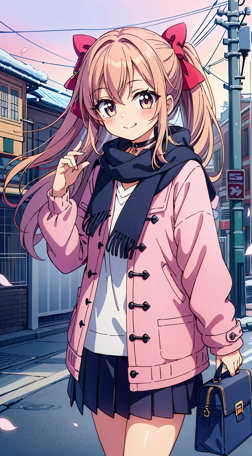 A woman in a pink jacket and black skirt walking down a street - SeaArt AI