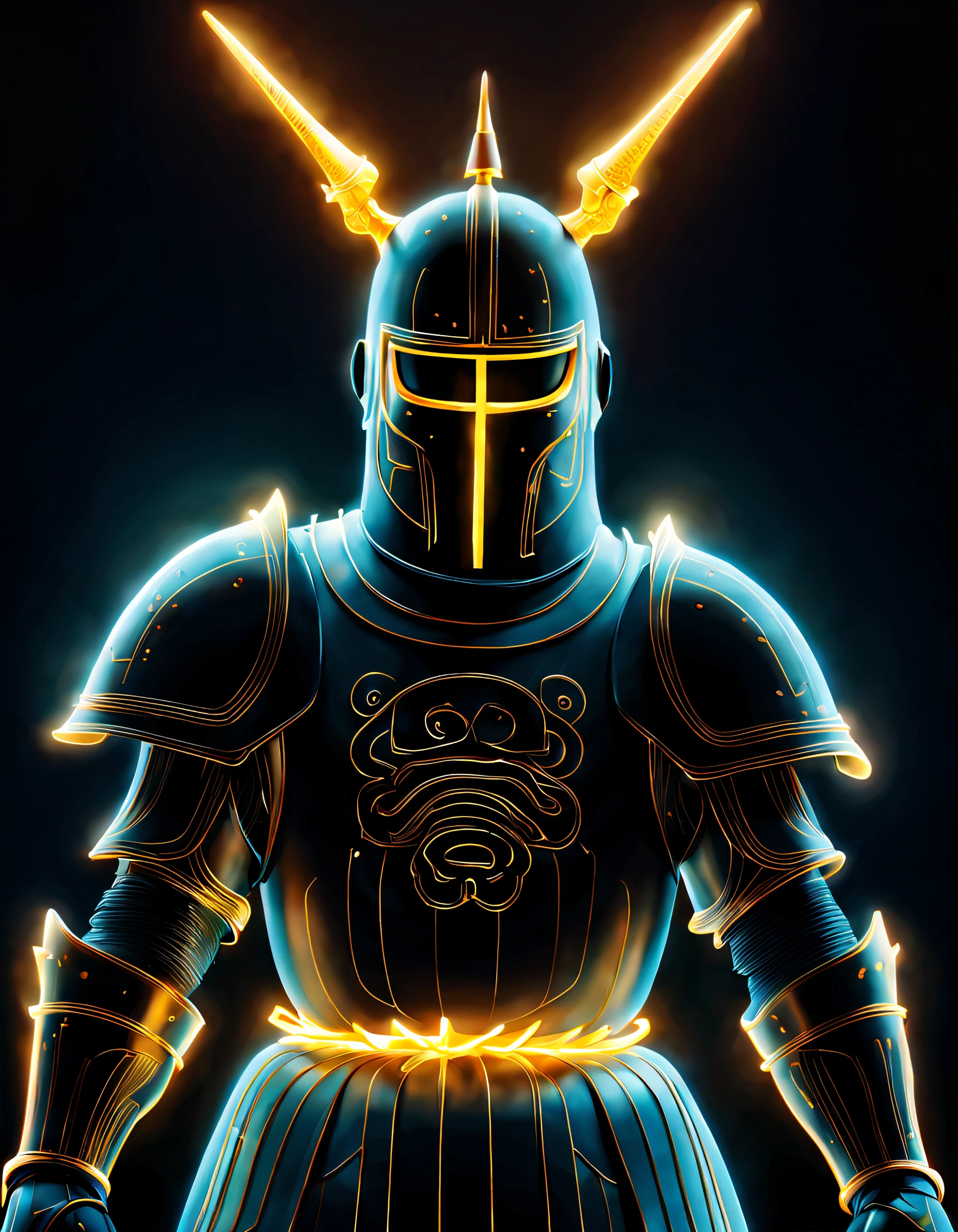 Black light art ，with black background，（Chinese knight wearing armor and broadsword），Jean-Michel Basquiat (Jean-Michel Basquiat) Stylized, character concept design, Half a body，