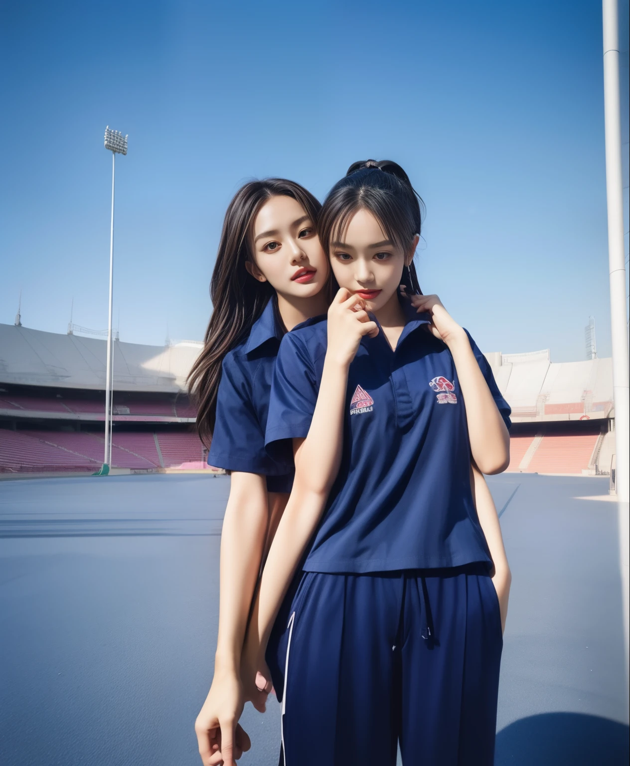 (bestquality,10,10,highres,masterpiece:1.2),ultra-detail,(Realistic,photorealistic portrait,photo-realistic:1.37),1 Cute girl in the football field,oily shiny skin,bara,light smile,BDclothes,((blue shirt:1.3)),short sleeves,shirt, trousers.,(navy_long_Pants Track:1.1), ((Stadium Background:1.3)),dynamic angle,excited,face focus,Dynamic Poses,from behide,Ass Focus,masterpiece, bestquality, ultra realistic, hyper-detail, 8k resolution, RAW photo, crisp focus, ((Navy blue shirt:1.1)), short sleeves, Long Path, Perfect body, 2 mature women, 18yo, cinematic light,Blue sweatpants,Gymware,Correct anatomy,Complete body, Correct body, sharp face, Anatomically correct body, full entire body, Realistic gestures, long-haired, Realistic poses,Wear long shorts.........................,Long leg span,Shapely,Sculpting Girl, Slender Figure, mannequin mannequins, Shapely, Beautiful body,Blue sweatpants, Two girls kissing