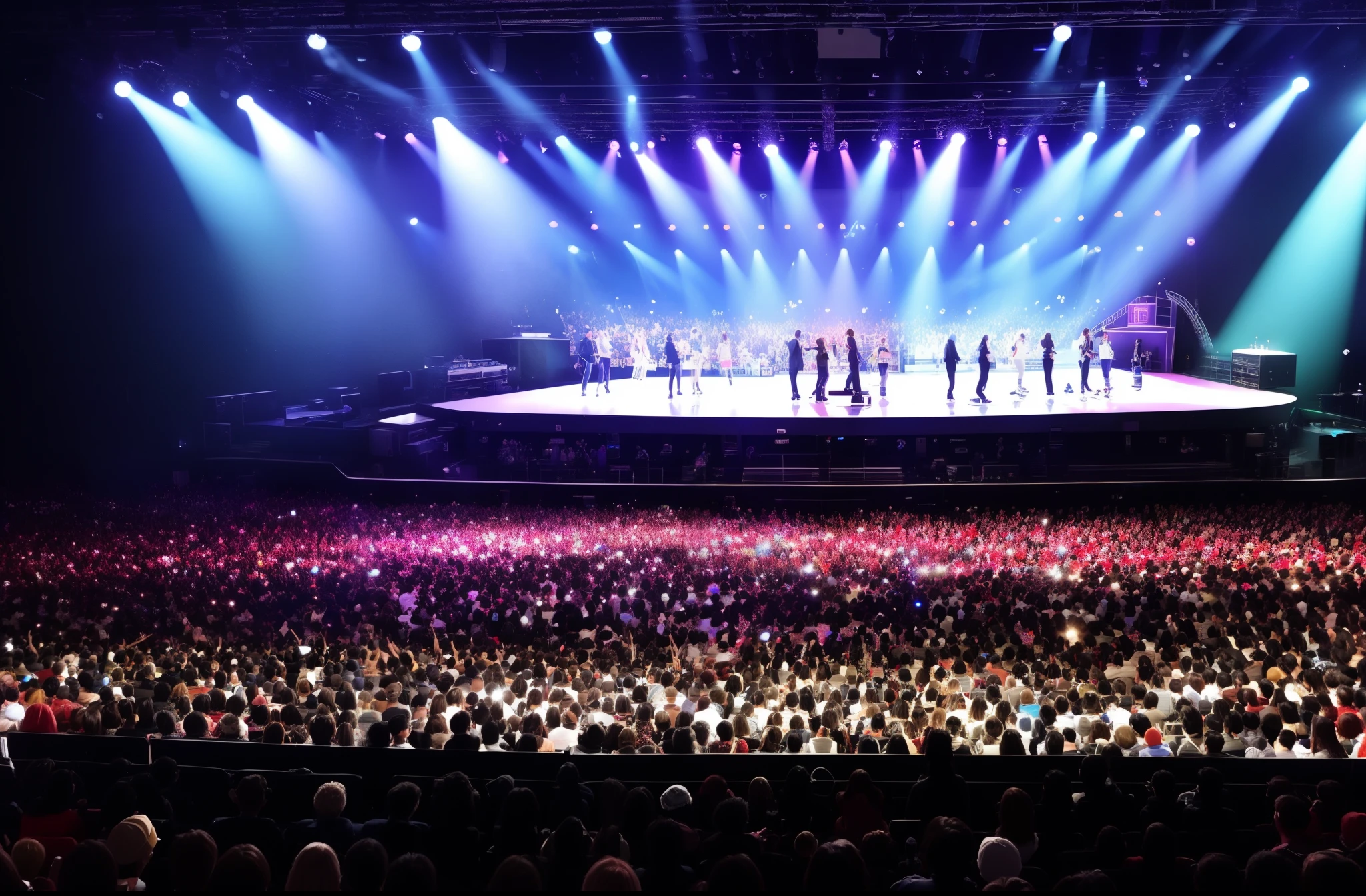 live house、Idols singing on stage、expensive audio equipment、Reproduction to the smallest detail、realisitic、spot light、Excited Spectators(posterior view)、