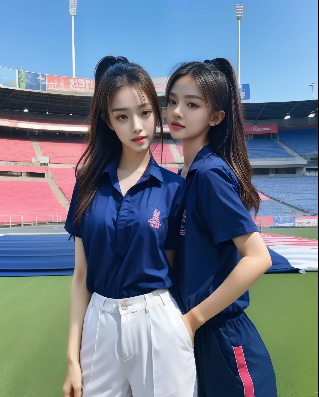 (bestquality,10,10,highres,masterpiece:1.2),ultra-detail,(Realistic,photorealistic portrait,photo-realistic:1.37),1 Cute girl in the football field,oily shiny skin,bara,light smile,BDclothes,((blue shirt:1.3)),short sleeves,shirt, trousers.,(navy_long_Pants Track:1.1), ((Stadium Background:1.3)),dynamic angle,excited,face focus,Dynamic Poses,from behide,Ass Focus,masterpiece, bestquality, ultra realistic, hyper-detail, 8k resolution, RAW photo, crisp focus, ((Navy blue shirt:1.1)), short sleeves, Long Path, Perfect body, 2 mature women, 18yo, cinematic light,Blue sweatpants,Gymware,Correct anatomy,Complete body, Correct body, sharp face, Anatomically correct body, full entire body, Realistic gestures, long-haired, Realistic poses,Wear long shorts........................,Long leg span,Shapely,Sculpting Girl, Slender Figure, mannequin mannequins, Shapely, Beautiful body,Blue sweatpants, Two girls kissing