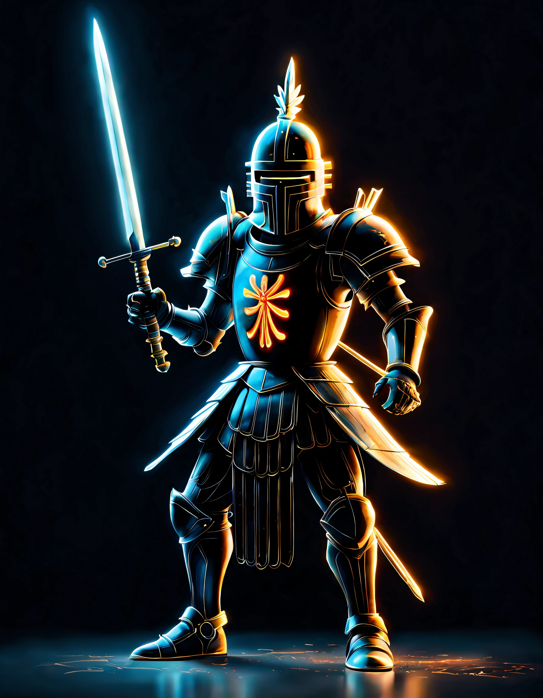 Black light art ,with black background,(Chinese knight wearing armor and broadsword),Jean-Michel Basquiat (Jean-Michel Basquiat) Stylized, character concept design, Half a body,