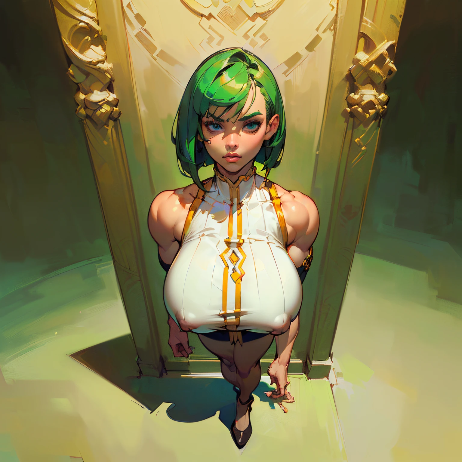 (a handsome female:1.7), ((full body view:1.5)) (Masterpiece:1.8), ((Thepit Style:1.4)), ((Short hair:1.5), (green hair:1.5), muscled body, Feminine, Huge upper body, wide shoulders, (Huge-breasts:1.6), veins, ((beatiful face:1.8)), full lips, slim face, high cheekbones, muscular, in the art style of mohrbacher, In the style of Peter Morbacher