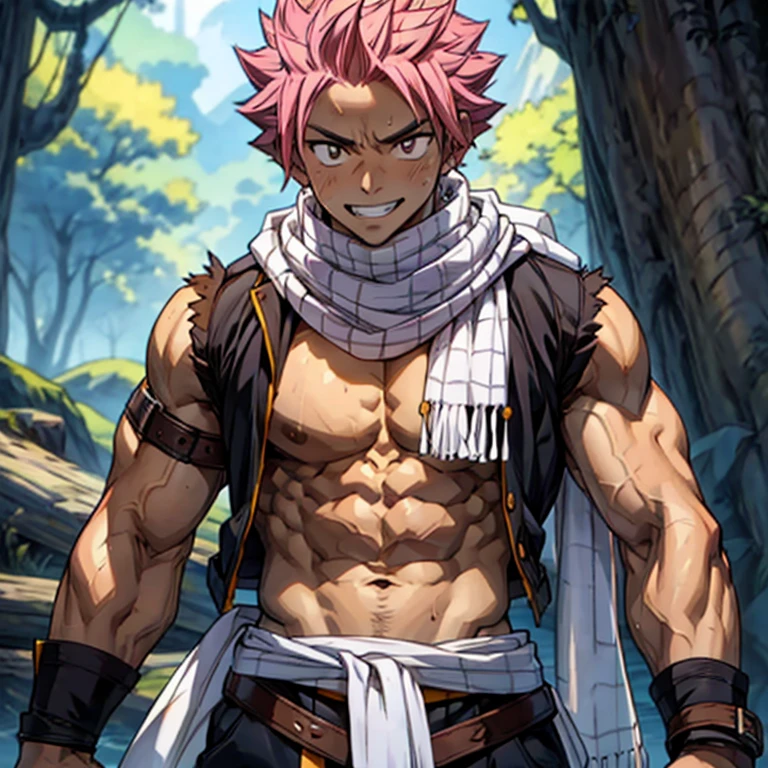 1boy, 20 year old, Natsu Dragneel smiling widely wearing a black sleeveless jacket bare chested wearing white scarf. Flaccid penis and scrotum with a bulge, reclining down looking at the viewer. Big muscular proportionate arms and strong chest and abs. Pink hair and detailed eyes. front view, wearing ((white scarf)). big pecs and strong washboard abs. flushed face