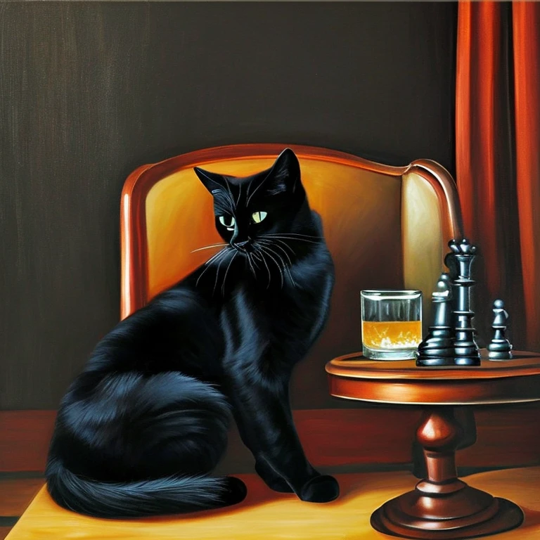 A brazen black cat sits on a chair and enjoys cocktails and chess.、an oil painting