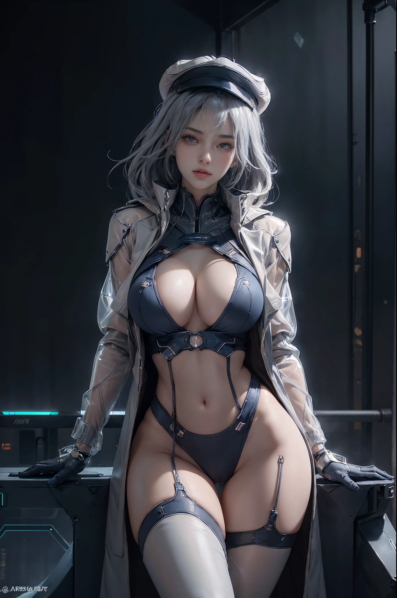 ((of the highest quality)), ((​master piece)), (detail:1.4), (((Translucent with mechanical parts and transparent skin++dark blue aurora material++、++Gray carbon material++Beautiful woman wearing a futuristic navy coat made of))), ((Wide open chest)), Skin of the hips and thighs, Ticker (High dynamic range), Ray tracing, NVIDIA RTX, Super Resolution, Subsurface Scattering PBR Texturing, Post-processing, Anisotropy Filtering, depth of fields, Surface Shading, Accurate simulation of light/Material Interaction, perfectly proportions, Two-tone lighting, Wide aperture, Low ISO, White Balance, 8K, (((Cameltoe))), NSFW, (((Tall Woman))), 25 year old woman, Brilliant LED, knee high, Bulge, open stance, Cowboy Shot, Skin of the hips and thighs, Beautiful body, Navel visible on bare skin, Chest to feel gravity, ((Navy hat and coat with dim LED lights)), (Huge breasts: 1.3), (gargantuan butt: 1.0), Cyberpunk dazzling cityscape, neon signs, led lights, Sitting in a mechanical chair、cross one's legs, Looking down, Slightly open mouth, Dull bangs, beautiful straight medium blonde hair, Anatomically correct arms and fingers