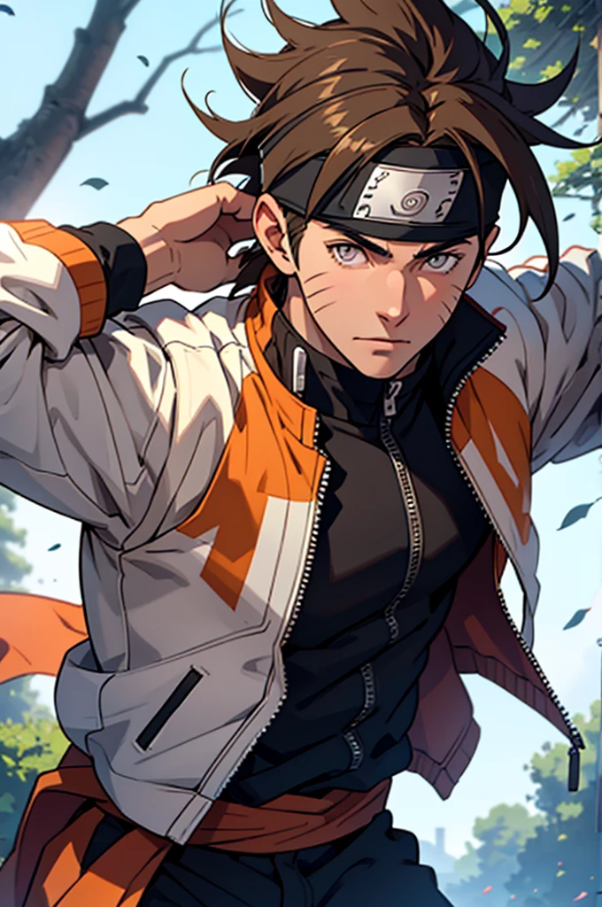 A European looking guy with messy straight brown hair, Handsomer, High quality picture, With Naruto headband With air symbol, wearing dark jacket, 4K, In the nature, both eyes clear