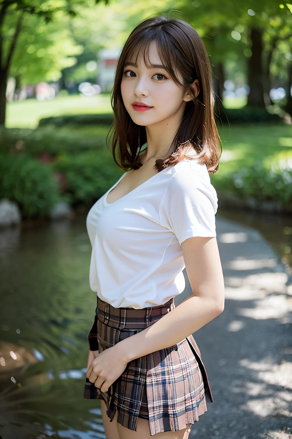 nsfw, 8K raw photo, Best quality, masterpiece, ultra high res, film grain, filmg, 1girl, looking at viewer, natural skin texture, realistic eye and face details, full lips, lipstick, (makeup), red eyeshadow, fluffy short hair, messy hair, smile, close mouth, beautiful legs, tall female, skinny, slim_legs, solo, enormous breast, cleavage, Pose with buttocks facing you, ultra short skirt, ass, shirt, beautiful nature location, around flower location, (detailed background), plaid skirt, white shirt, enormous breast, cleavage, Show a little cleavage through the shirt, loafers, blurry background, blurry, holding, plaid, short sleeves, jk ribbon on the neck, jk ribbon, brown hair, bracelet, water, bangs, school uniform, jewelry, parted lips, lips, from side, pleated skirt, depth of field