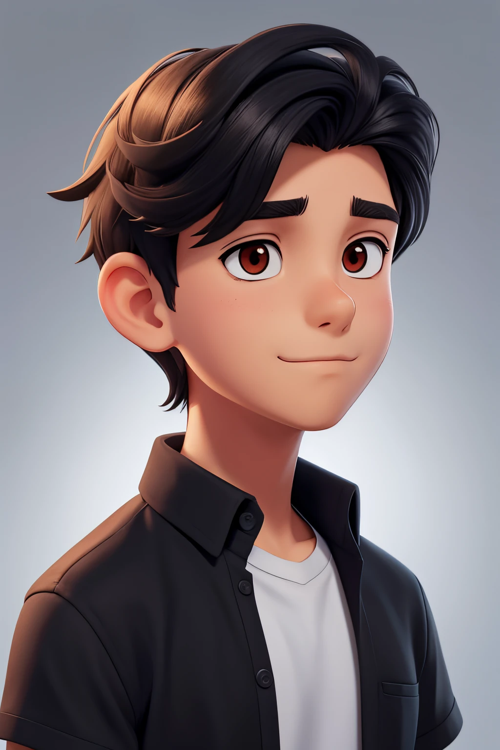 young,schoolboy,schoolboy,Camisa Preeta,black shirt,young,(Better quality: 0,8), Perfect anime illustration, Extreme close-up portrait of a boy,Straight hair boy cartoon , digital illustration portrait, Color portrait detailed detailed illustration portrait, Digital Illustration - Cartoon Portrait, Color digital illustration, Stylized portraits, digital art portrait,Better quality),(high qulity)glowing background