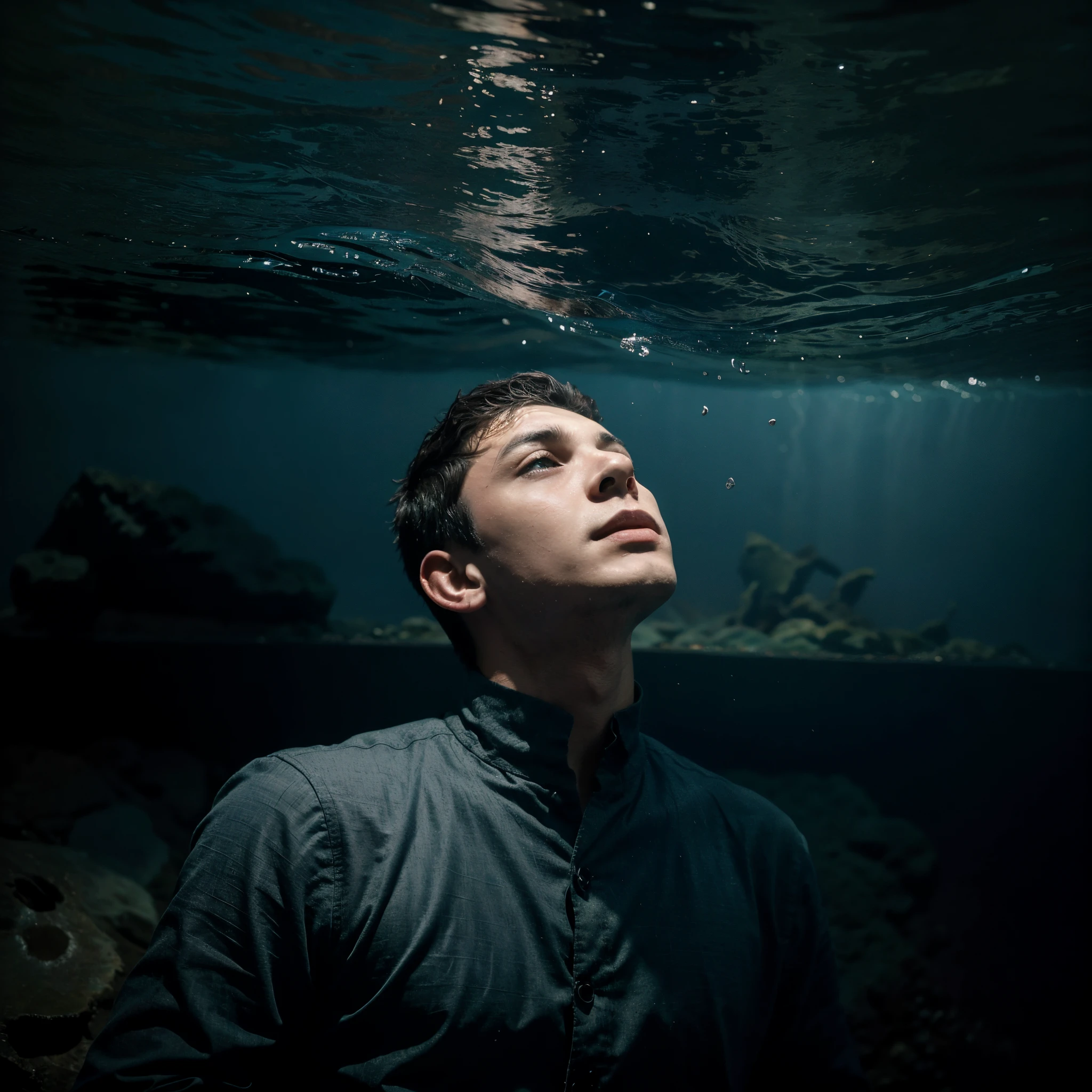 The boy fell into the shadow of the deep sea, looked up at the sky, fell, relaxed and sunk