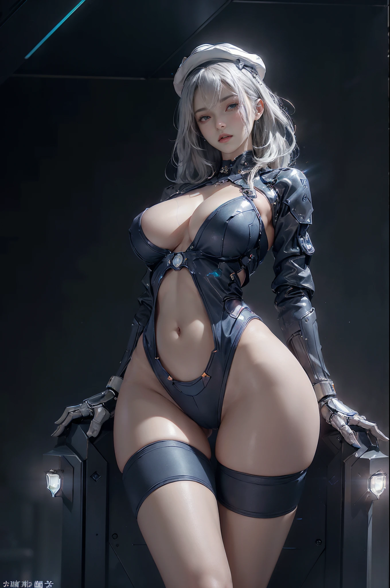 ((of the highest quality)), ((master piece)), (detail:1.4), (((Translucent with mechanical parts and transparent skin++dark blue aurora material++、++Gray carbon material++Beautiful woman wearing a futuristic navy coat made of))), ((Wide open chest)), Skin of the hips and thighs, Ticker (High dynamic range), Ray tracing, NVIDIA RTX, Super Resolution, Subsurface Scattering PBR Texturing, Post-processing, Anisotropy Filtering, depth of fields, Surface Shading, Accurate simulation of light/Material Interactions, perfectly proportions, Two-tone lighting, Wide aperture, Low ISO, White Balance, 8K, (((Cameltoe))), NSFW, (((Tall Woman))), 25 year old woman, Brilliant LED, knee high, Bulge, open stance, Cowboy Shot, Skin of the hips and thighs, Beautiful body, Navel visible on bare skin, Chest to feel gravity, ((Deep-fitting navy hat with dim LED light)), (Huge breasts: 1.3), (gargantuan butt: 1.0), Cyberpunk dazzling cityscape, neon signs, led lights, Sitting in a mechanical chair、cross one's legs, Looking down, Slightly open mouth, beautiful straight short cut blonde hair, Anatomically correct arms and fingers