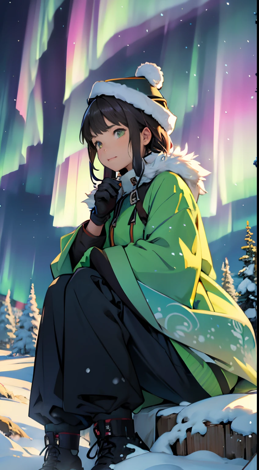 nigh sky, stele(Skysky), landscapes,Aurora, 1girl in, 独奏, Fluffy fur worn by Eskimos、warm pants、Warm gloves、fur hat、Looking away:1.5、(((watching the aurora:1.2)))、Looking away,plein air, built, 云,Aurora, sitting on, The tree, length hair, silhuette, snow mountains,top-quality,High quality detailing,8K