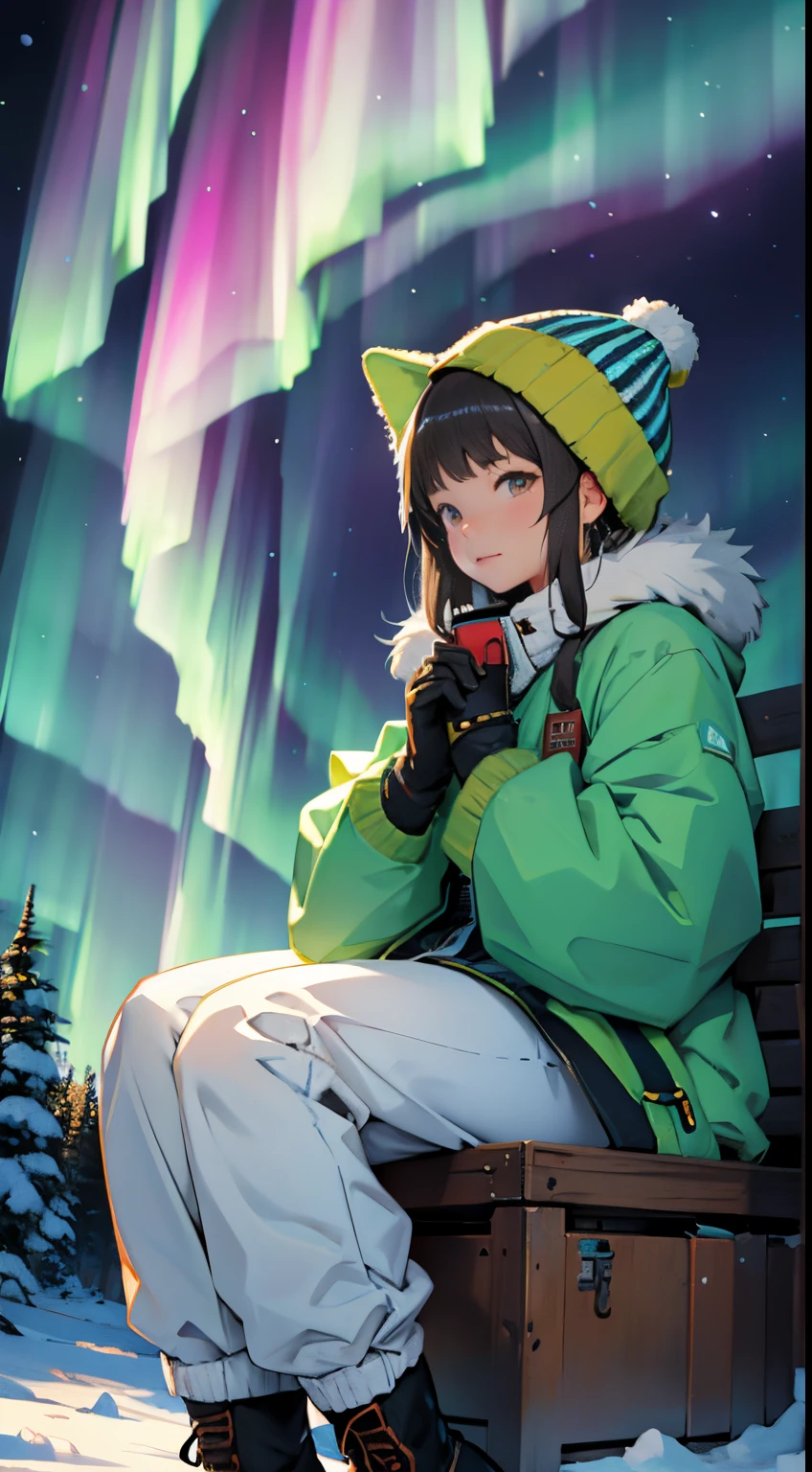nigh sky, stele(Skysky), landscapes,Aurora, 1girl in, 独奏, Fluffy fur worn by Eskimos、warm pants、Warm gloves、fur hat、Looking away:1.5、(((watching the aurora:1.2)))、Looking away,plein air, built, 云,Aurora, sitting on, The tree, length hair, silhuette, snow mountains,top-quality,High quality detailing,８Ｋ