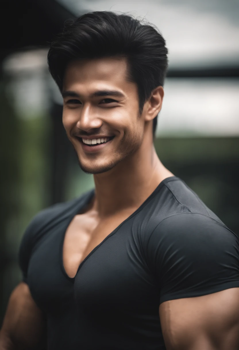 Man in shirt posing for photo, black shirt, bright smile, Ripped,Bigchest, lean and muscular, well-muscled, lean but muscular, beautiful handsome body, very muscular, muscular bodies, shirtless, Muscular men, sexy muscular body, musculature, Attractive body, well-muscled, muscular build,Gentle face,asian human,20-years old