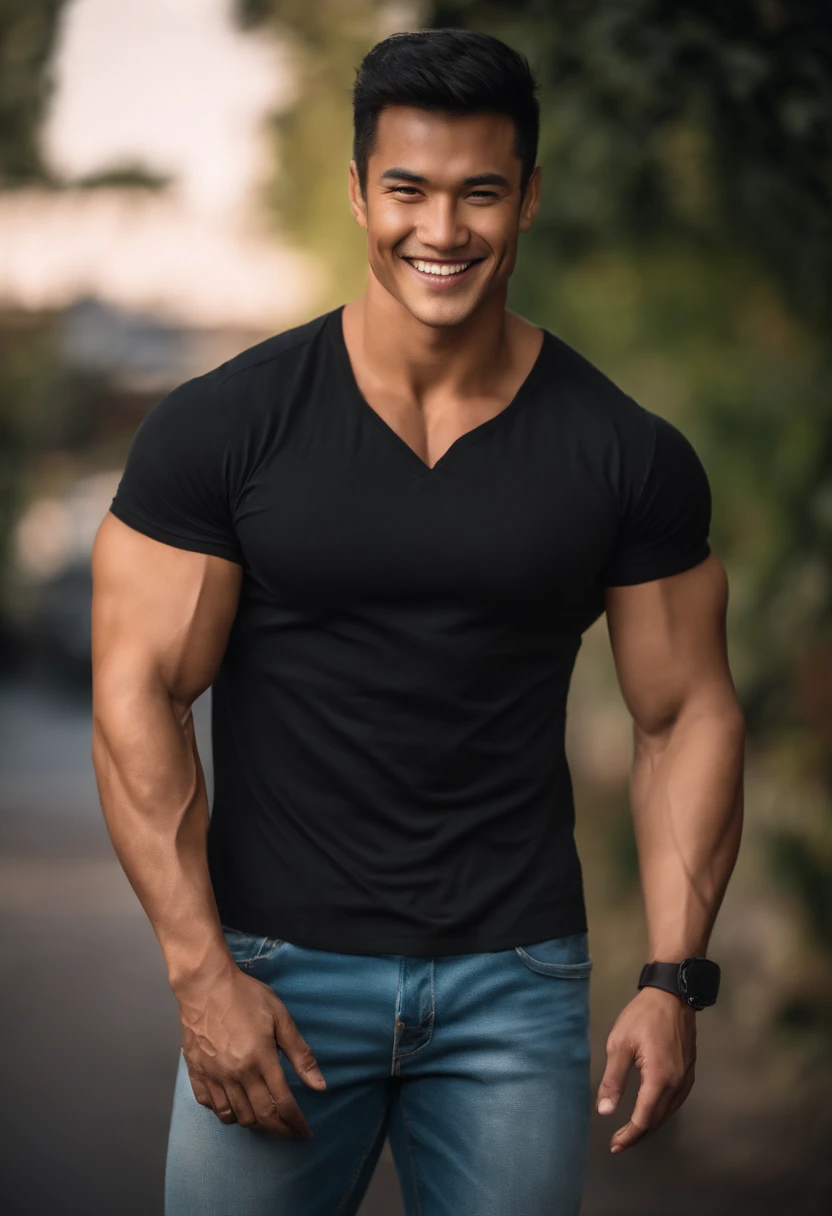 Man in shirt posing for photo, black shirt, bright smile, Ripped,Bigchest, lean and muscular, well-muscled, lean but muscular, beautiful handsome body, very muscular, muscular bodies, shirtless, Muscular men, sexy muscular body, musculature, Attractive body, well-muscled, muscular build,Gentle face,asian human,20-years old