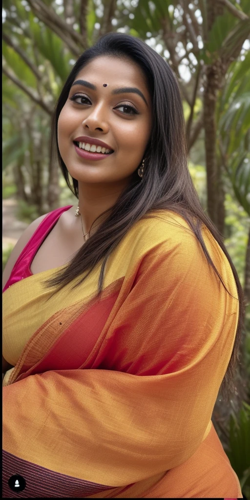 day scene, extreme close up photo of seductive indian model from top view wearing semi yellow top with big breast, big cheeks, red Hollywood lips, squatting near shrub in a garden, hourglass figure, armpits, (blue eyes:1), ponytail, necklace, 30 yo, look at viewer and smile,forest background (cinematic:1.3), intricate details, (ArtStation:1.2)