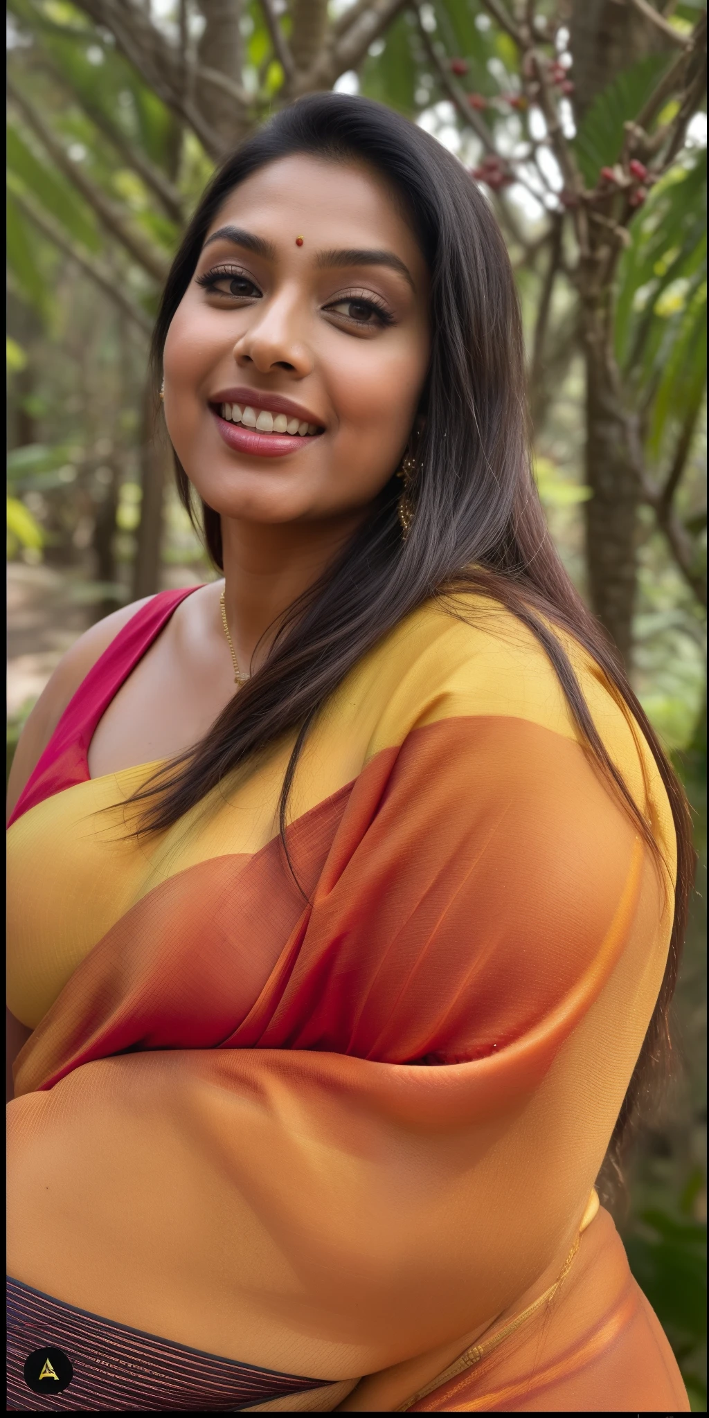 day scene, extreme close up photo of seductive indian model from top view wearing semi yellow top with big breast, big cheeks, red Hollywood lips, squatting near shrub in a garden, hourglass figure, armpits, (blue eyes:1), ponytail, necklace, 30 yo, look at viewer and smile,forest background (cinematic:1.3), intricate details, (ArtStation:1.2)