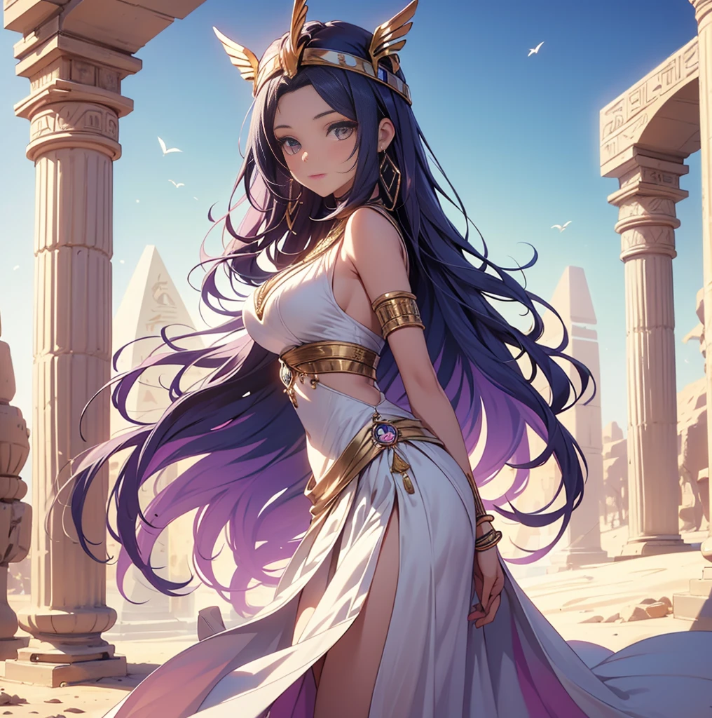 **Cleopatra, Mujer blanca, Vestido griego antiguo, Tiara de hojas de olivo doradas, brown curly hair, pecho abierto, vestido blanco, Ojos avellanados, In Alexandria, en un antiguo patio griego con altas columnas, cortinas blancas, ve el hurber, Barcos de madera, Una reina, --s 750** - (casi)