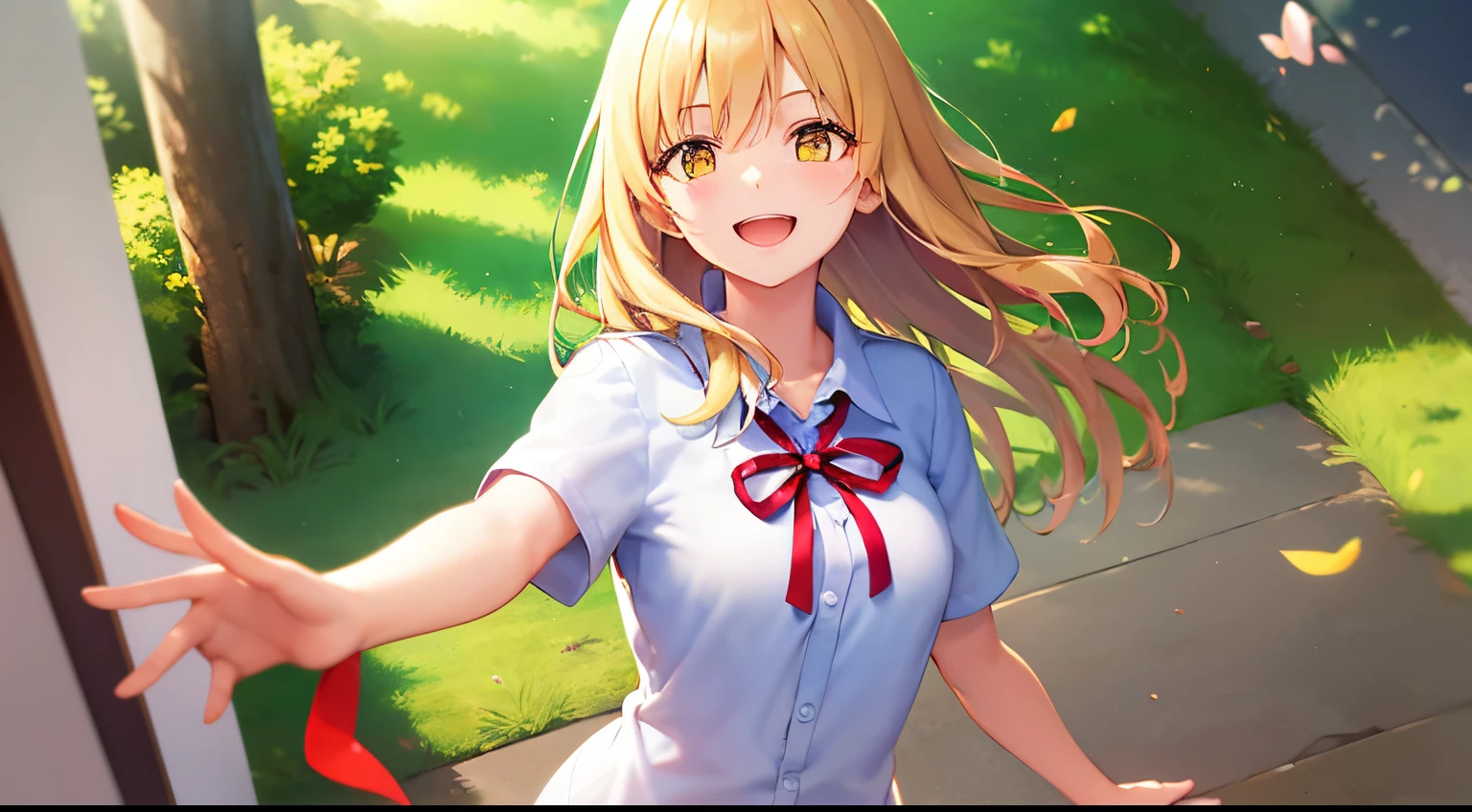 Anime girl with blonde hair and blue shirt holding a red ribbon - SeaArt AI