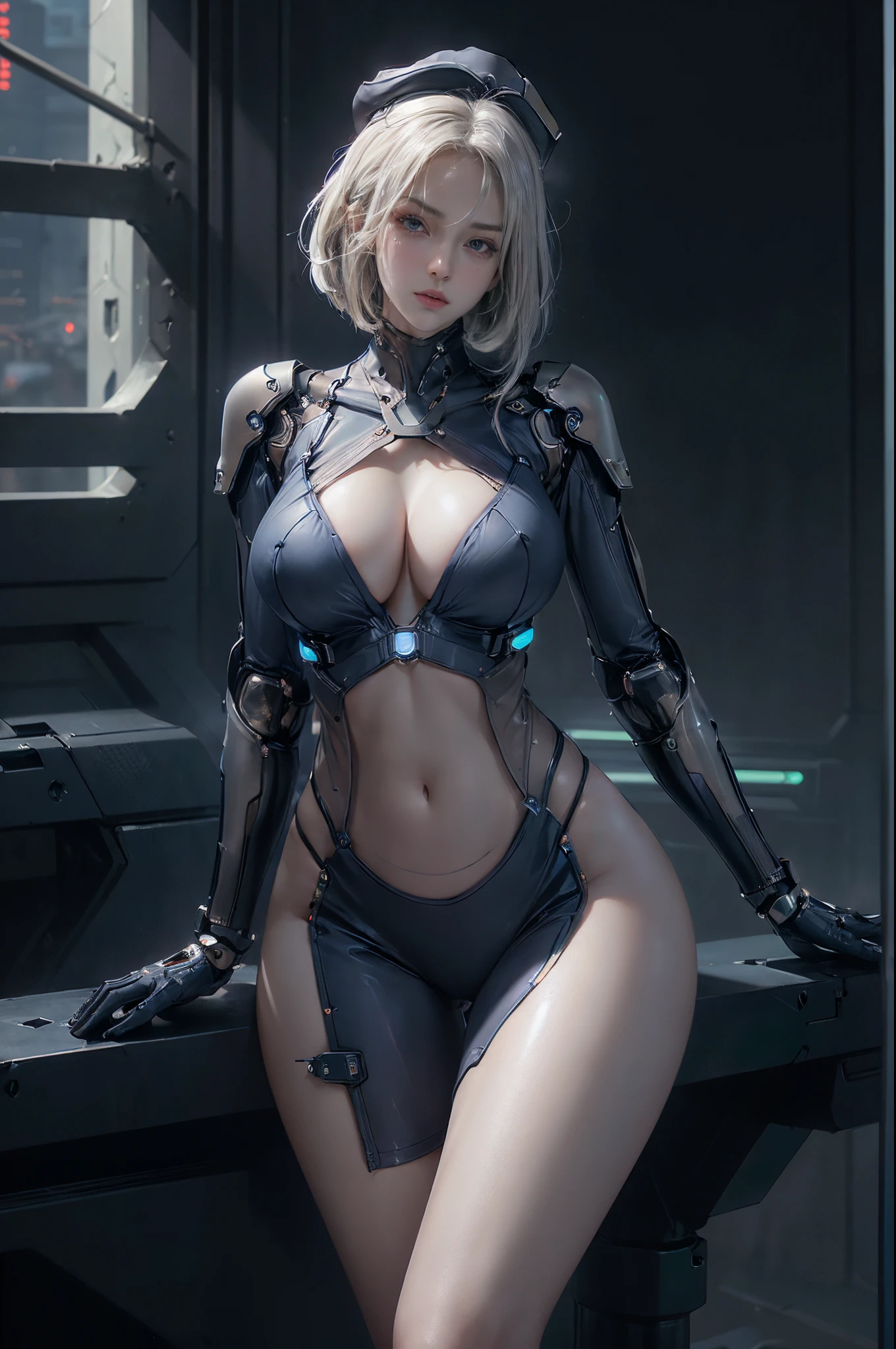 ((of the highest quality)), ((master piece)), (detail:1.4), (((Translucent with mechanical parts and transparent skin++dark blue aurora material++、++Gray carbon material++Beautiful woman wearing a futuristic navy coat made of))), ((Wide open chest)), Skin of the hips and thighs, Ticker (High dynamic range), Ray tracing, NVIDIA RTX, Super Resolution, Subsurface Scattering PBR Texturing, Post-processing, Anisotropy Filtering, depth of fields, Surface Shading, Accurate simulation of light/Material Interaction, perfectly proportions, Two-tone lighting, Wide aperture, Low ISO, White Balance, 8K, (((Cameltoe))), NSFW, (((Tall Woman))), 25 year old woman, Brilliant LED, knee high, Bulge, open stance, Cowboy Shot, Skin of the hips and thighs, Beautiful body, Navel visible on bare skin, Chest to feel gravity, ((Deep-fitting navy hat with dim LED lights)), (Huge breasts: 1.3), (gargantuan butt: 1.0), Cyberpunk dazzling cityscape, neon signs, led lights, Sitting in a mechanical chair、cross one's legs, Looking down, Slightly open mouth, beautiful straight short cut blonde hair, Anatomically correct arms and fingers