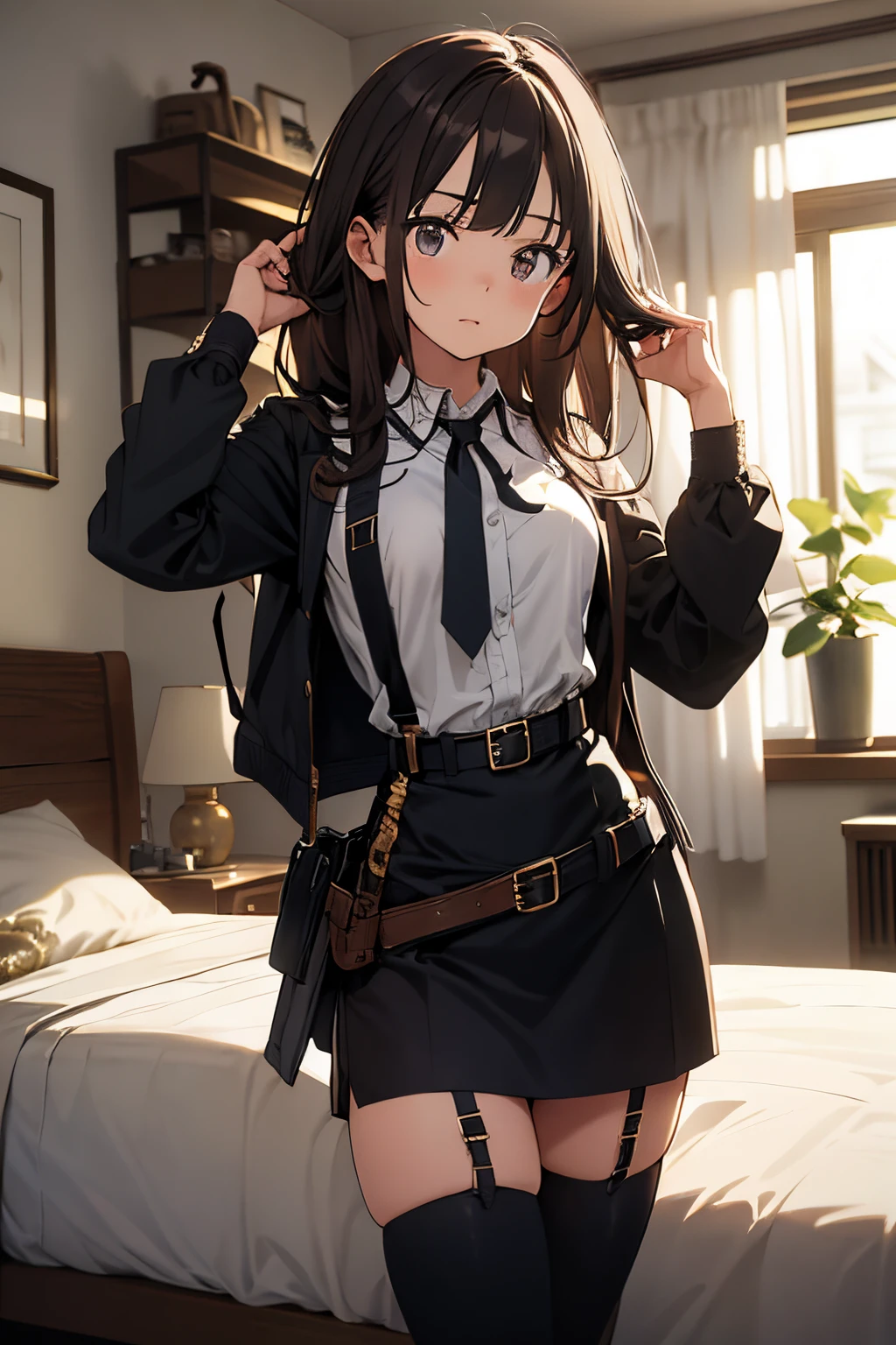 ​masterpiece、flat-colors、depth of fields、lens flare 1 girl、、Brown hair、watching at viewers　　　black suspenders　　　Bulging big breasts　　 　 　　　walls: 　Black miniskirt　garters　　　　　　Gaze　　　Small face　bangss 　　　holster　　Belt Armament　Beautuful Women　srestrained　hands up　Lying in bed　Leg holster lying on the bed　　Gaze 　black boots panty shot　own face　Forehead Center