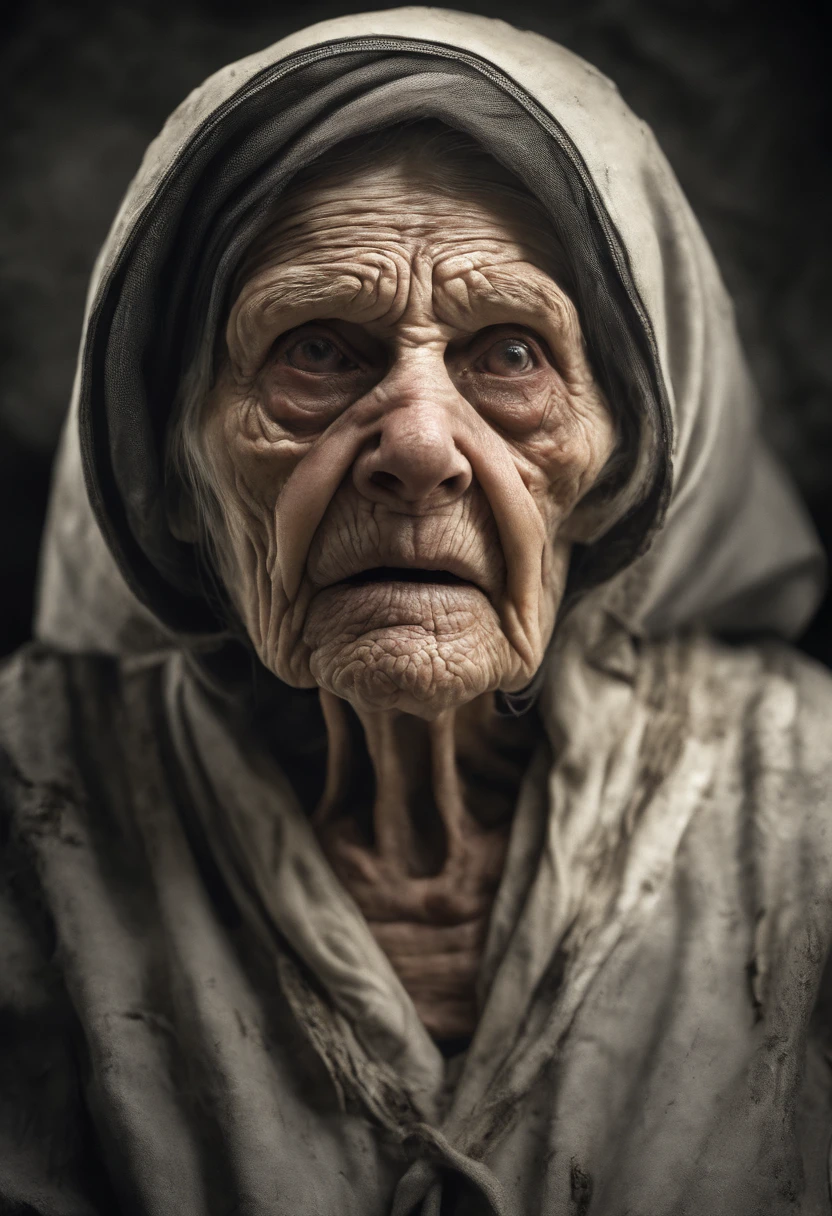 Very old woman, In a dark place,it looks like a corpse, metade de seu rosto deformado, olhar irritado, cabelos grisalhos curtos, pale wrinkled skin, pupila amarela, postura curvada, olhar penetrante e maligno, longo manto preto, Roupas rasgadas, Manto de penas de corvo nas costas, lado esquerdo do corpo coberto com faixas e capuz, lugar escuro, horror, medo, assustador, suspense, Misterioso, filme de terror