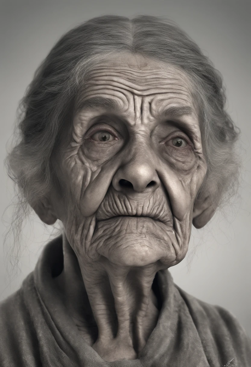 Very old woman, In a dark place,it looks like a corpse, metade de seu rosto deformado, olhar irritado, cabelos grisalhos curtos, pale wrinkled skin, pupila amarela, postura curvada, olhar penetrante e maligno, longo manto preto, Roupas rasgadas, Manto de penas de corvo nas costas, lado esquerdo do corpo coberto com faixas e capuz, lugar escuro, horror, medo, assustador, suspense, Misterioso, filme de terror