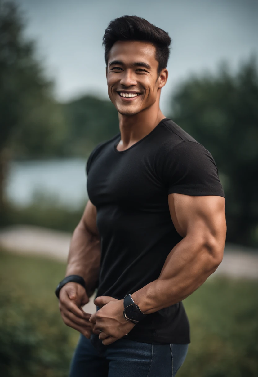 Man in shirt posing for photo, black shirt, bright smile, Ripped,Bigchest, lean and muscular, well-muscled, lean but muscular, beautiful handsome body, very muscular, muscular bodies, shirtless, Muscular men, sexy muscular body, musculature, Attractive body, well-muscled, muscular build,Gentle face,asian human,20-years old