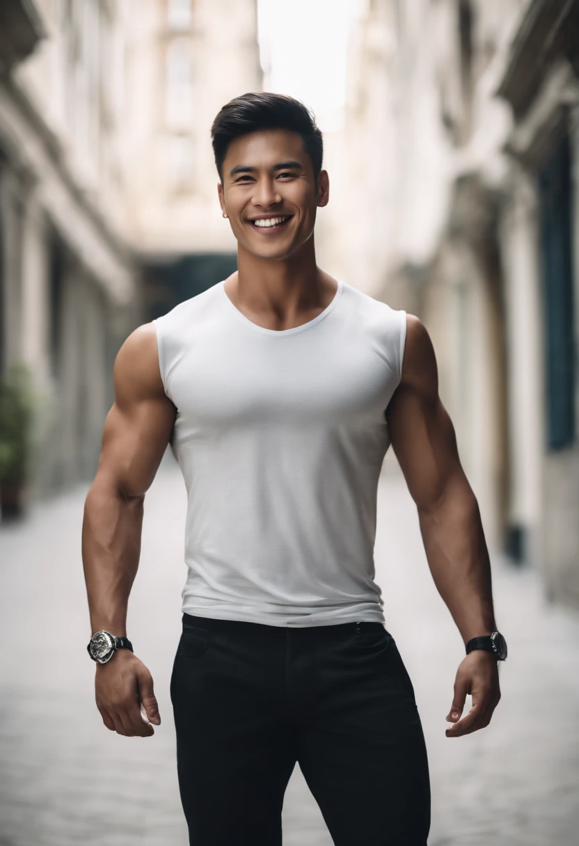 Man in shirt posing for photo, black shirt, bright smile, Ripped,Bigchest, lean and muscular, well-muscled, lean but muscular, beautiful handsome body, very muscular, muscular bodies, shirtless, Muscular men, sexy muscular body, musculature, Attractive body, well-muscled, muscular build,Gentle face,asian human,20-years old