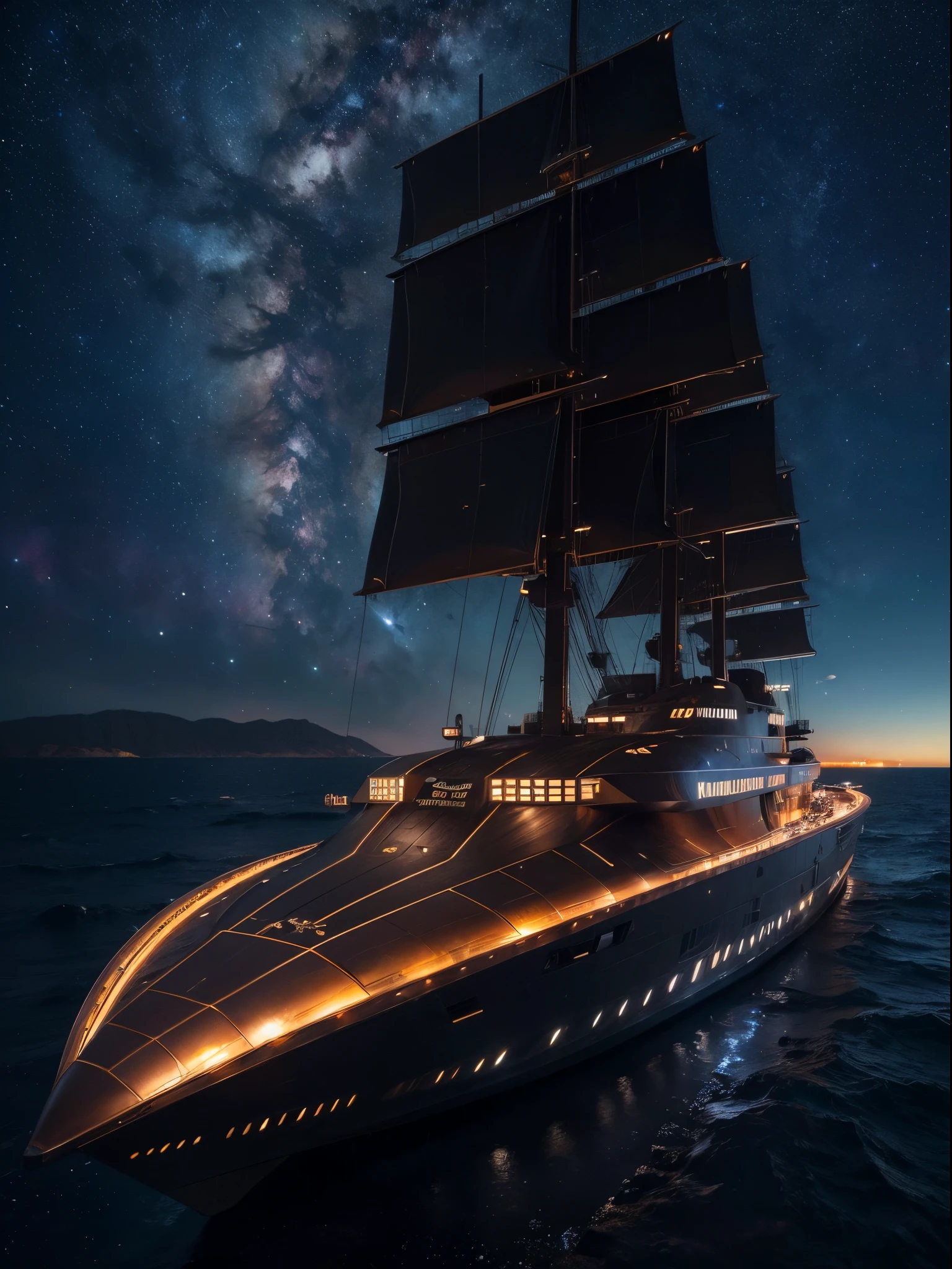 A giant futuristic Space ship, Copper coloured hull, (long oval shape) windows at the front, two engines at the back and two at the front, ((night sky with a nebula and stars background)), two miles long, smooth hull, round edges, (masterpiece:1.2) (photorealistic:1.4)