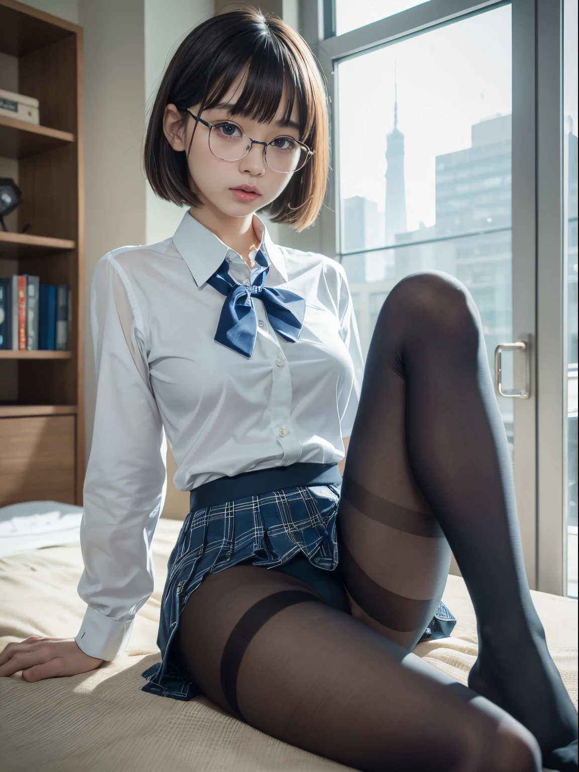 (((Long bob cut)))、(Underwear is visible)、((Narrow-eyed))、((Narrow-eyed))、((Narrow-eyed))、(8K、Raw photography、top-quality、​masterpiece：1.2),、Has a small、(flat breast)、(flat breast)、(flat breast)、(flat breast)、(flat breast)、(being thin)、light skinned、skin whitening、Dark look、Rasping,glamor,Chromo-white skin,cocky,School,watching at viewers,Looking at the front,Muchimuchi,High-pitched clothing,Erotic,Pupils,de pele branca,kne,((Black pantyhose)),absurderes,a small face,,Forehead visible,Bangs hanging from the left and right sides of the forehead,(a cold expression,Tight eyes,glares,Bullish,irate)、​masterpiece,top-quality、超A high resolution,Raw photo,ren,Beautiful fece,One Person, 独奏,eye glass,,Dark look,Small breasts,fullllbody,Round glasses,JK school uniform,hi-school girl,A Japanese Lady,is standing,（Photorealsitic：1.37）、Photon mapping,Realistic、Beautie,Cute little face,Brown-eyed、Black socks、(Red bow tie)、Radio City、Physically Based Rendering、depth of fields、Blurry background、a picture,Body,beauty legs, Long legs, Thin leg,(Bangs are visible), hair, s lips, Blue_The eye, nosesoft,(Light blue shirt), (Navy and blue and white plaid pleated skirt), Knees are visible,Sheer clothing,, Thigh, Black cotton socks,Nogizaka Idol, 女優, Japanese ido