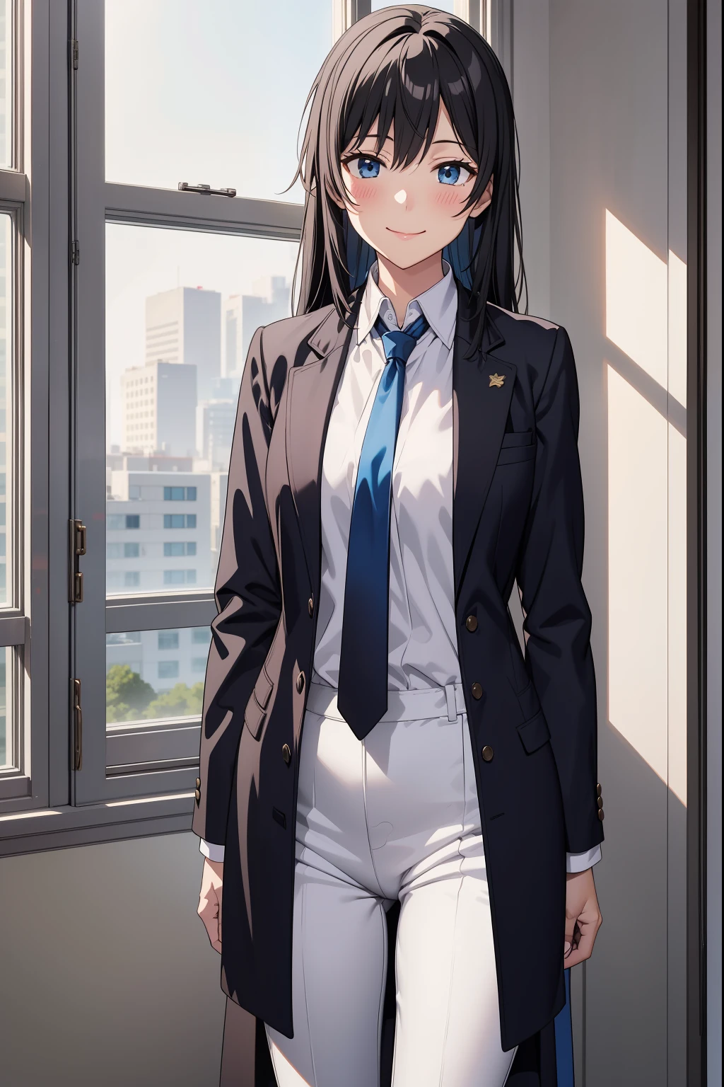 Yukinoshita Yukino wears a tuxedo coat, 1girl, Snafu anime, Female Butler, Elegant blue evening tie, collared shirt, bloomers, Black tail coat, Detailed background of the room, eyes blue, closed mouth, Smileing, A very sexy girl in a suit and tie is standing by the window, 1girl, 独奏, necktie, Black hair, eyes blue, long  hair, smile, jacket, looking at the scenes, shirt, bloomers, blue necktie, collared shirt, white pants, white shirt, indoors, explosions, long-sleeved, closed mouth, window, black jacket, blush, cowboy shot, ceremonial, Yukinoshita Yukino suit, A woman in a black suit and blue tie is standing next to the windowsill, 1girl, 独奏, necktie, eyes blue, jacket