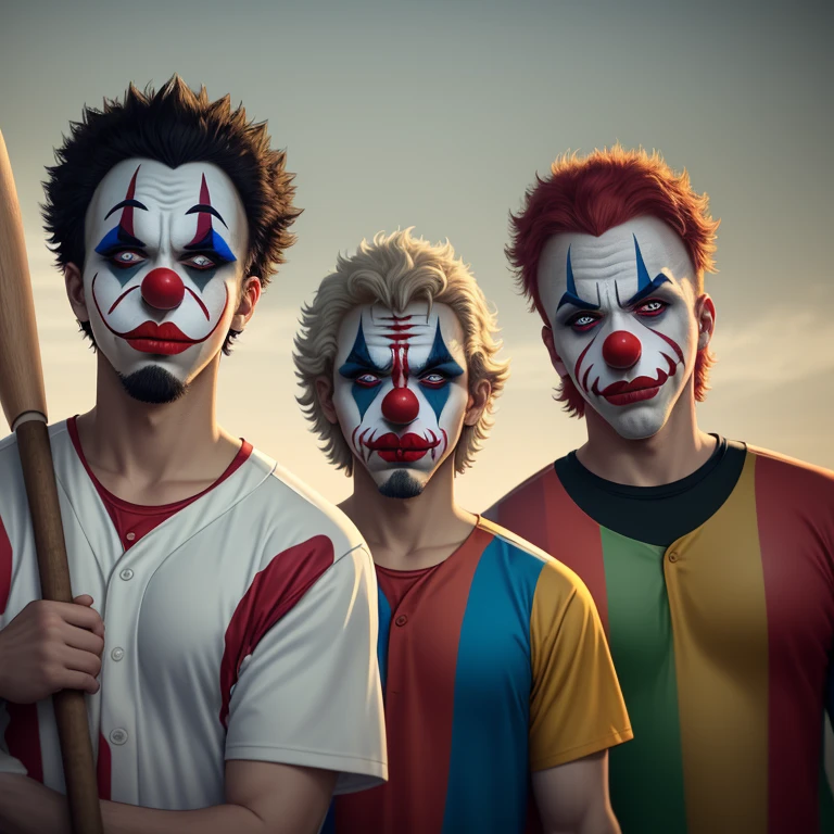 Group of guys wearing clown make up holding baseball bats looking menacingly stoic.