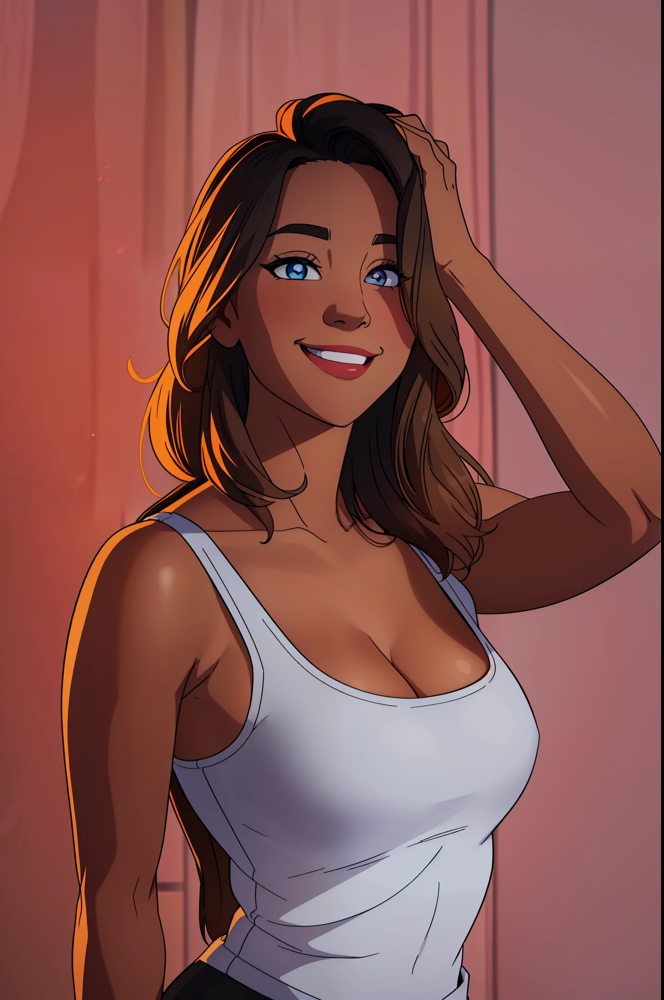 arafed woman in a white tank top and black pants,HD,young people, cartoons, happy, happy, excited, excited, joyful, ((surprise)), carefree, beautiful eyes, cute, smiling face, UWU, happy, proud, ((smiling face)),;3, uwu