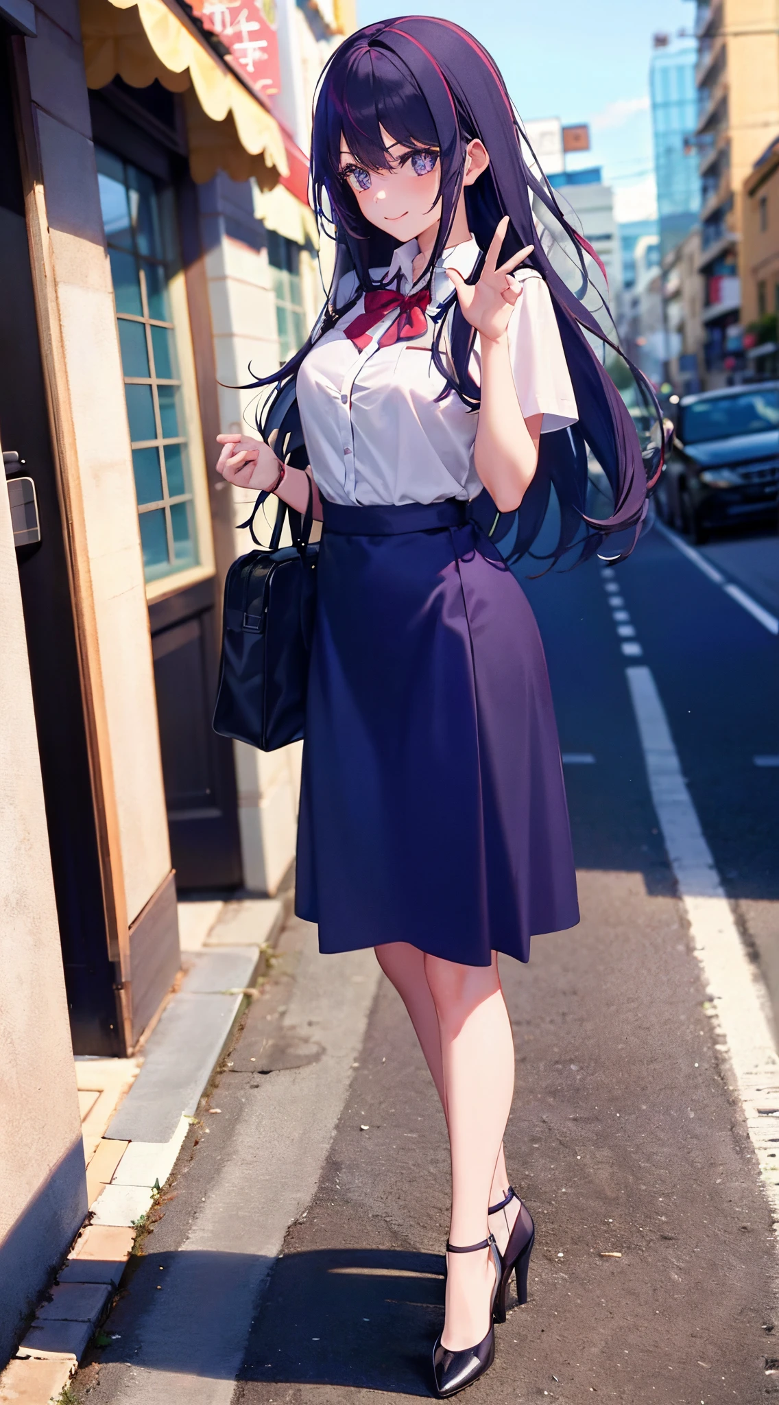 A girl with,There is a five-pointed star in the eye,Long dark purple hair with some red stripe,school uniforms,Look at viewers,Cheerful,best quailty,8K,the street,photographed,Gestures yay, camera focus full body from head to both legs, 16K ultra high resolution, wearing fashion heels, ai hoshino, outfit colour white shirt & purple mid skirt,