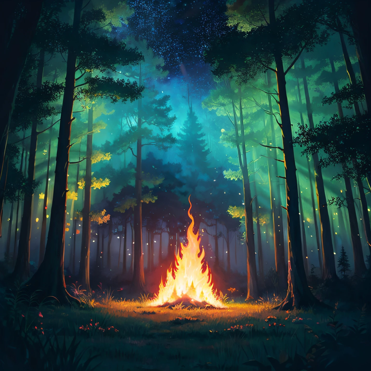 Ghibli style illustration　Crystal Forest Starry sky　fluorescent lamp　mysterious burning flame　shining light　mystical forest　view from inside the forest