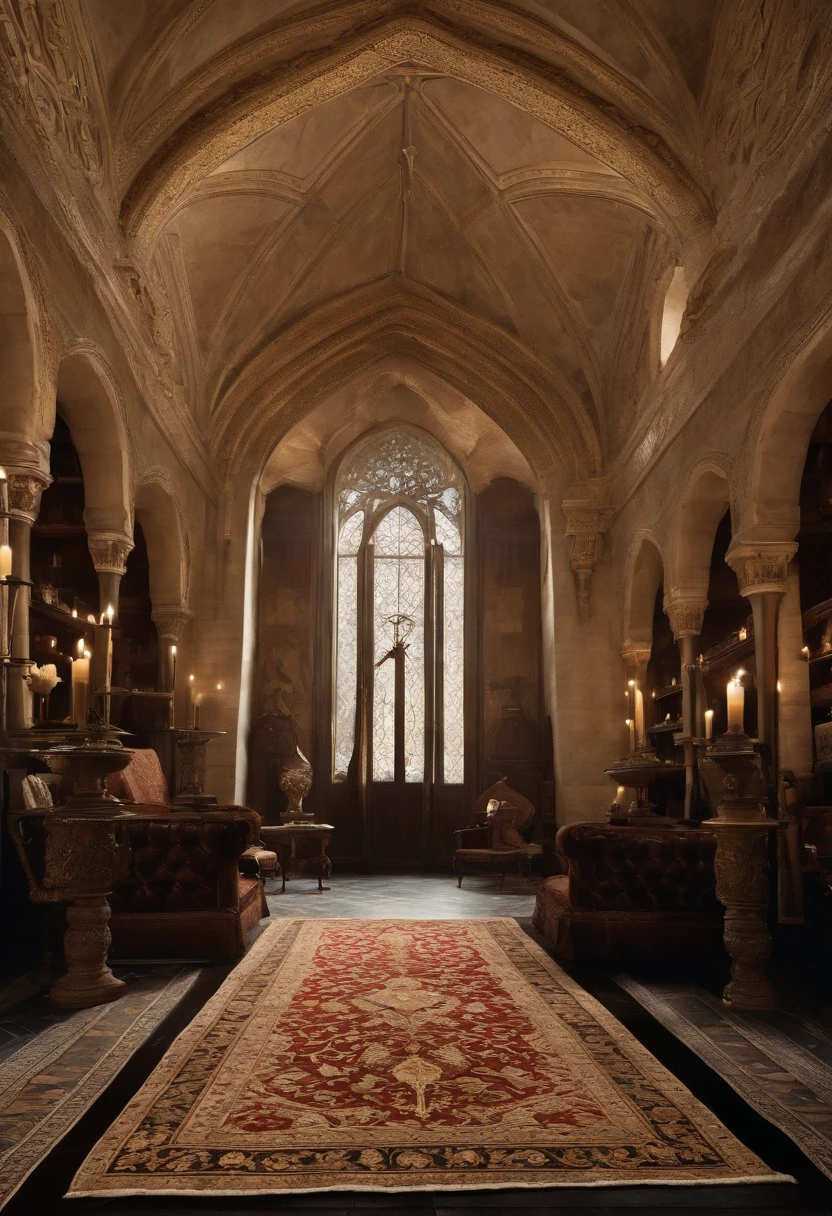 An antique Persian rug woven with intricate pure-blood wizarding symbols and motifs, adorning the elegant marble floor of the entrance hall in the Malfoy Manor.,Harry Potter and the Chamber of Secrets,Lucius is tall with long straight blonde hair, icy blue eyes, wears black suits and robes, carries a walking stick with a silver snake head at the top. Famously portrayed by Jason Isaacs, male