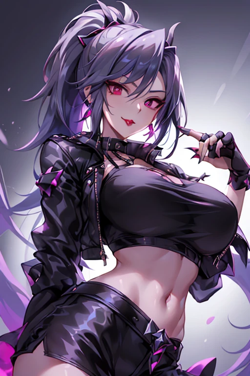 1个Giant Breast Girl,Lexedur, By bangs, Black gloves, Black collar, 鎖骨, 耳Nipple Ring, finger to mouth, Fingerless gloves, with gray hair, Raise your index finger, jaket, jewely, Redlip, lipsticks, long whitr hair, looking at viewert, cosmetics, nail polish, Open your lips, pony tails, sportrait, ssmile, a purple eye, purple nails, Boo, Alone,[[actual]],(Glossy glossy skin),(tmasterpiece:1.4),(Best quality at best:1.4),gigantic cleavage breasts,Redlip