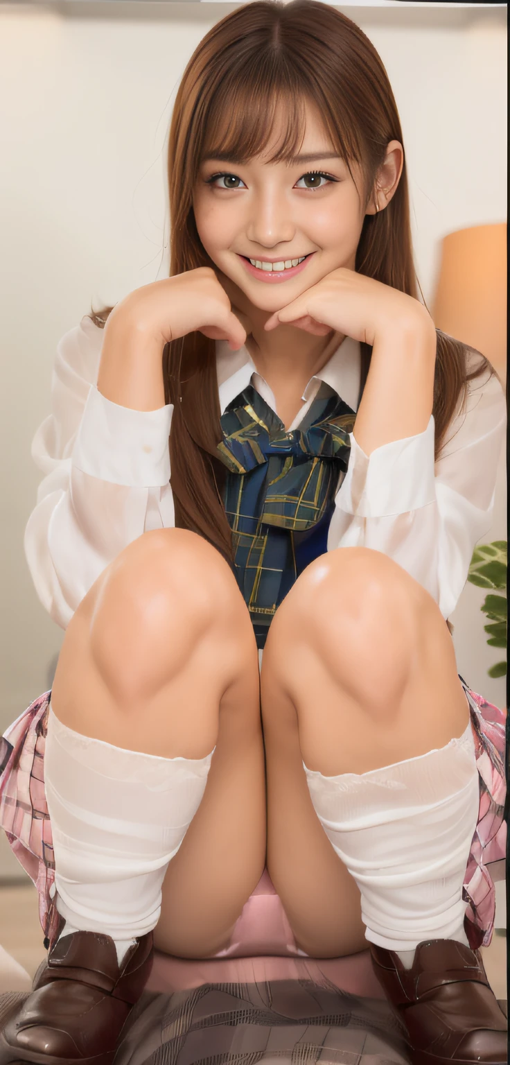 (realistic silk panties:1.3),(white panties:1.2),(pink check skirt:1.2)(Looking directly at Viewer:1.3),(big smile:1.2)32K,(beautiful teeth:1.3) masterpiece, Raw photo, Best Quality, Photorealistic, Highly detailed CG Unity 32K wallpaper, depth of fields,(Extremely beautiful face, Beautiful lips, Beautiful eyes), intricate detailed face, ((Ultra detailed skin)) , Cutest Pretty Japanese girl, Super Idol, 1 girl,(Happy smile:1.3), Clear eyes, (Big eyes:1.2), (Brown hairs), thick thighs, (Japanese school uniform:1.1),(double eyelies:1.3),(long eyelashes:1.2),balanced elegant face,(small mouth:1.1),drooping eyes
