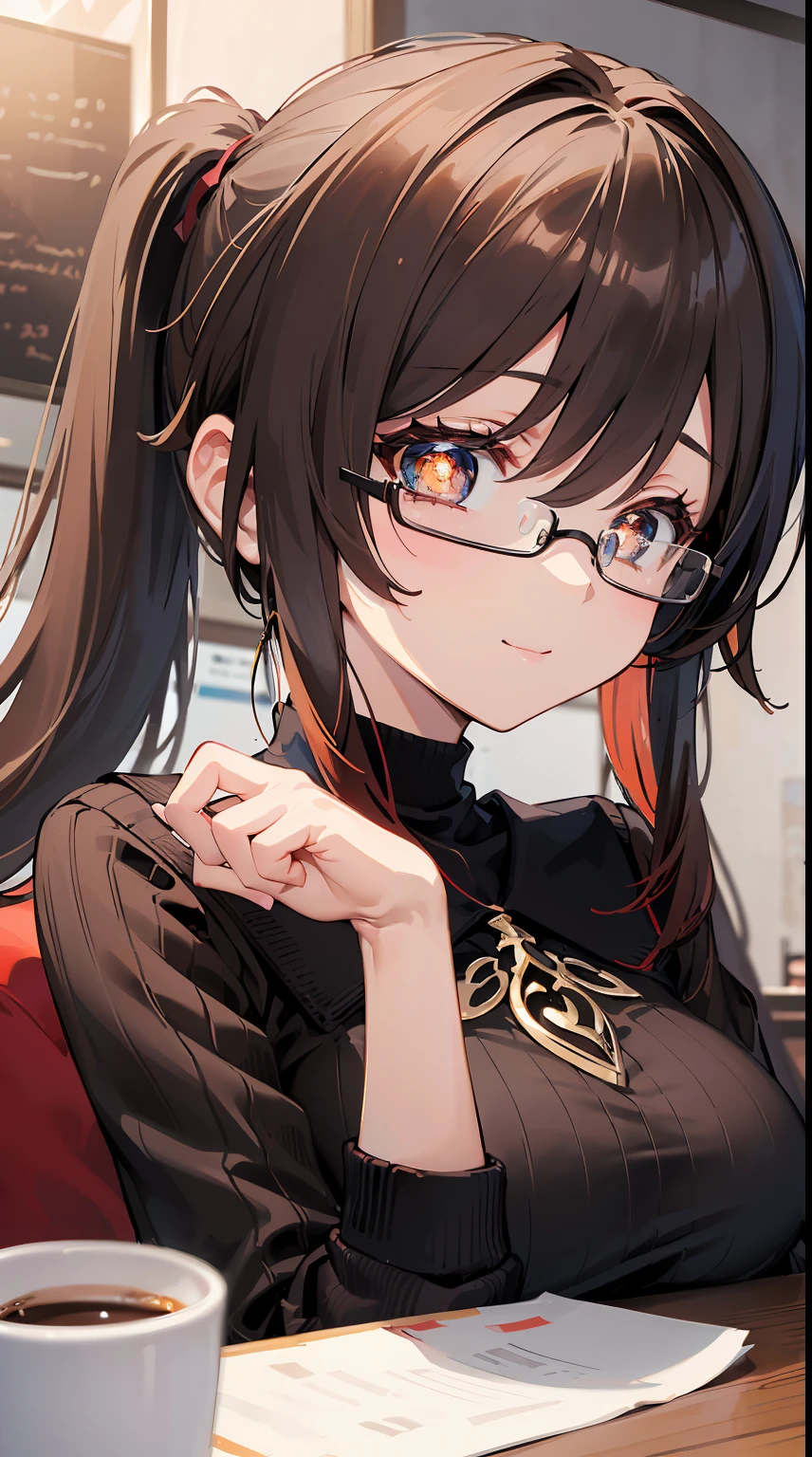 ((masterpiece:1.4)), ((best quality:1.4)), (ultra-detailed:1.4), ((kawaii)), cute, (lovely), ((sexy)), (ero), ((extremely detailed)), 4K, (8K), best quality, (beautiful), anime style, realistic, real, upper body, close-up of face, detailed face, focus on the face, cafe, a cute girl, 1girl, solo, sweater, jeans, beautiful dark brown hair, beautiful purple eyes, detailed eyes, ((beautiful eyes with highlights:1.3)), white-skinned, ponytail, transparent hair, translucent hair, large breast, glasses, ((hold a coffee cup :1.1)), coffee, light smile, neon light, reflection effect