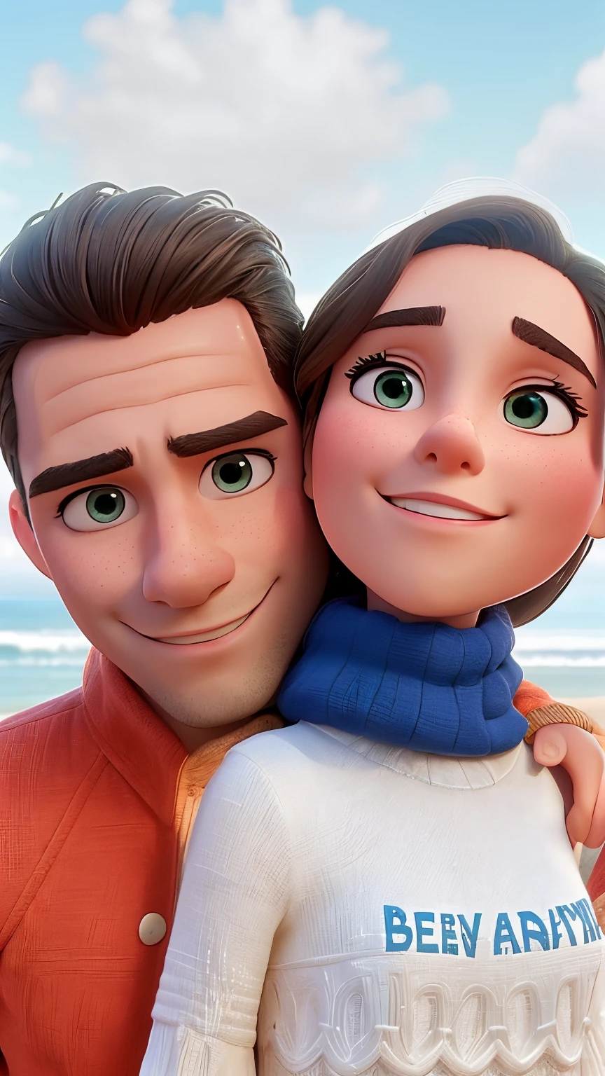 there is a man and woman that are posing for a picture, very very low quality picture, 8k selfie photograph, lovely couple, happy couple, in love selfie, they are in love, the ocean in the background, eyes in forehead, at a beach, at the beach, portrait of two people, ocean in the background, handsome face and beautiful face, profile image