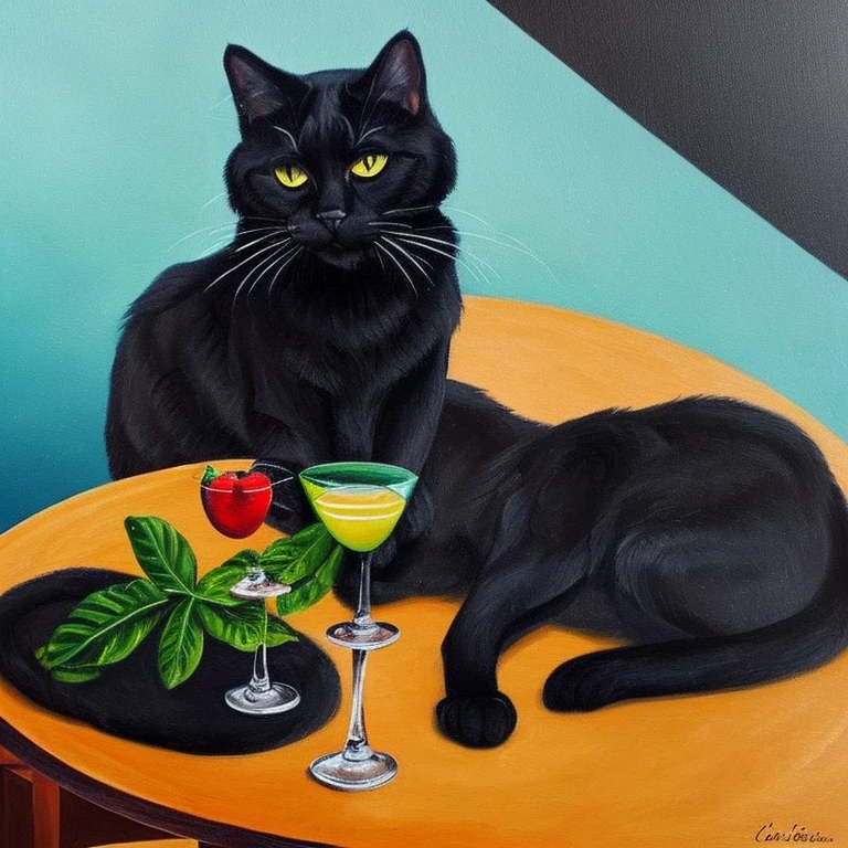 A bold black cat who enjoys cocktails、an oil painting