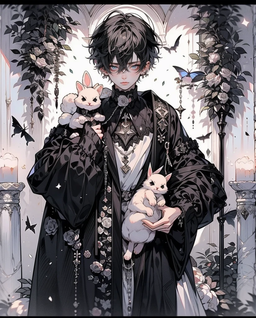 8k, man holding a rabbit, ((white and black rose)), cute rabbit,many roses scattered around her, white-glistennig hair, black gothic style dress, moon, embroidery, enchanting forest, fireflies, , white-dress, day, beautiful aesthetic dress, sweet looking, midjourney, close-up, niji