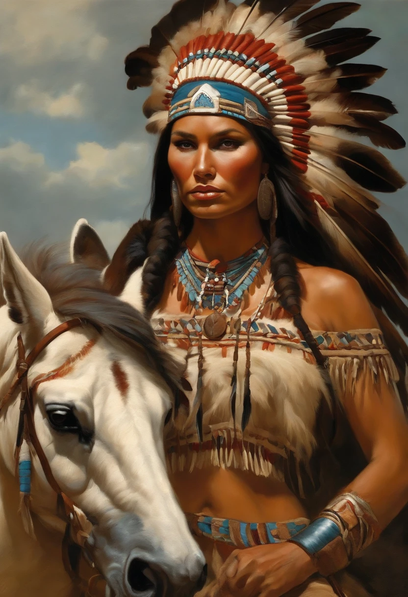 Le style Christophe Young; Award-Winning Bust,A beautiful woman wearing a Native American headdress, Native Americans on horseback in the background : Native American Fantasy Shameon, Native American Art, native american, Local Art, Native American warrior, Native American warrior, Guerrier indien, Warrior on Horseback, inspired by George Catlin, Native American Folk Art, Guerrier spirituel, inspired by Karl Bodmer, The Goddess of the Hunt and the Moon, aboriginal