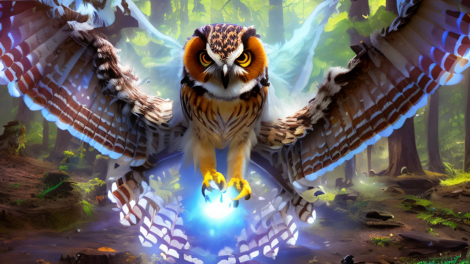 digital painting arafed owl with wings spread wide in a forest, hyperrealistic robot owl, digital painting of an owl, digital painting of a jumping spider mixed with owl, mixture between an! owl and wolf, the wisest of all owls, alien owl, nite - owl, owls, with large wings, digital painting of wings spread, owl, owl feathers, radiant owl